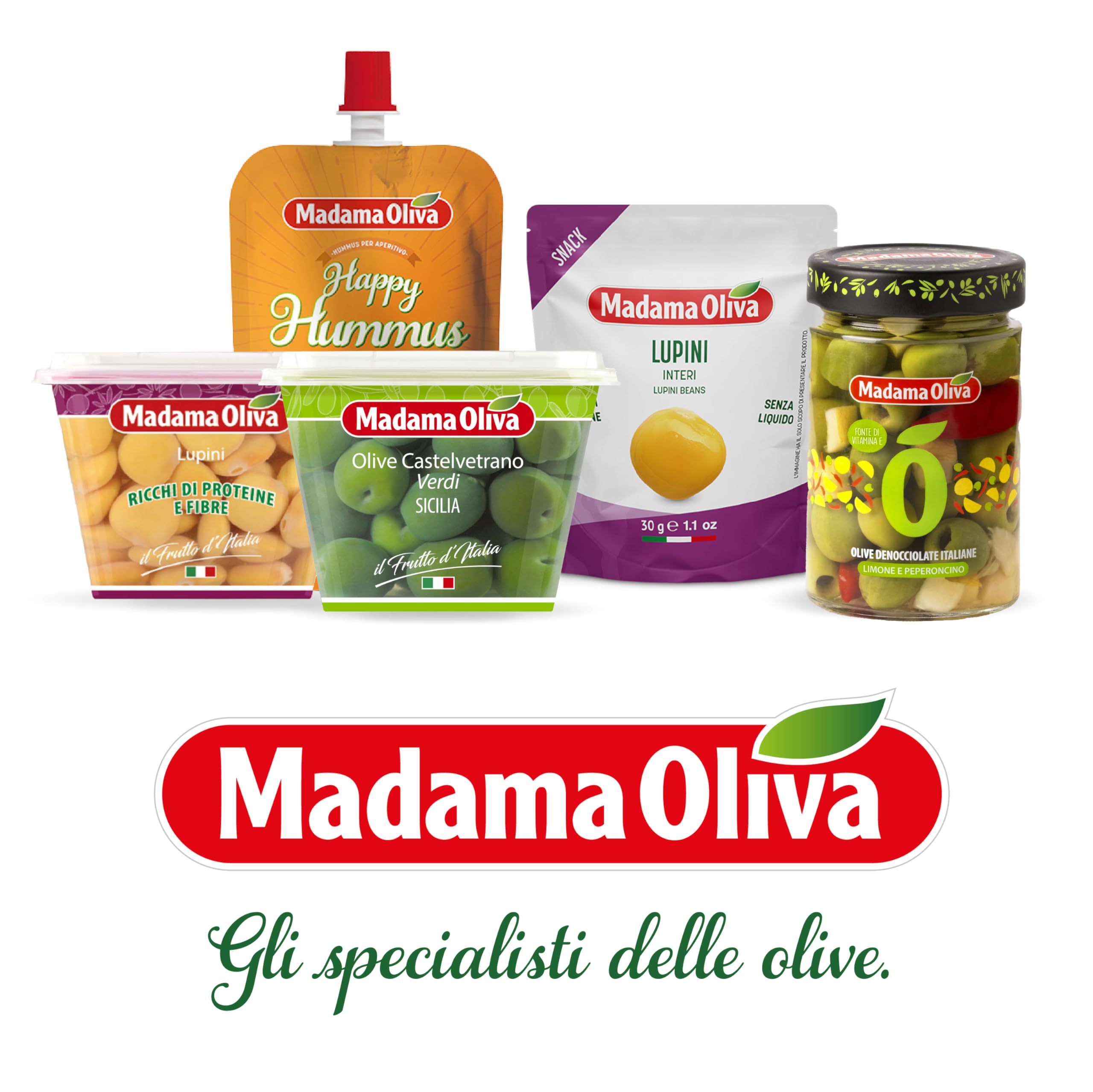 MADAMA OLIVA, Olive Verdi Denocciolate Speziate, Colore Verde Intenso e dal Gusto Caratteristico, 100% Made in Italy, 100% Vegetale, Box da 20 Buste in Alluminio da 30 gr