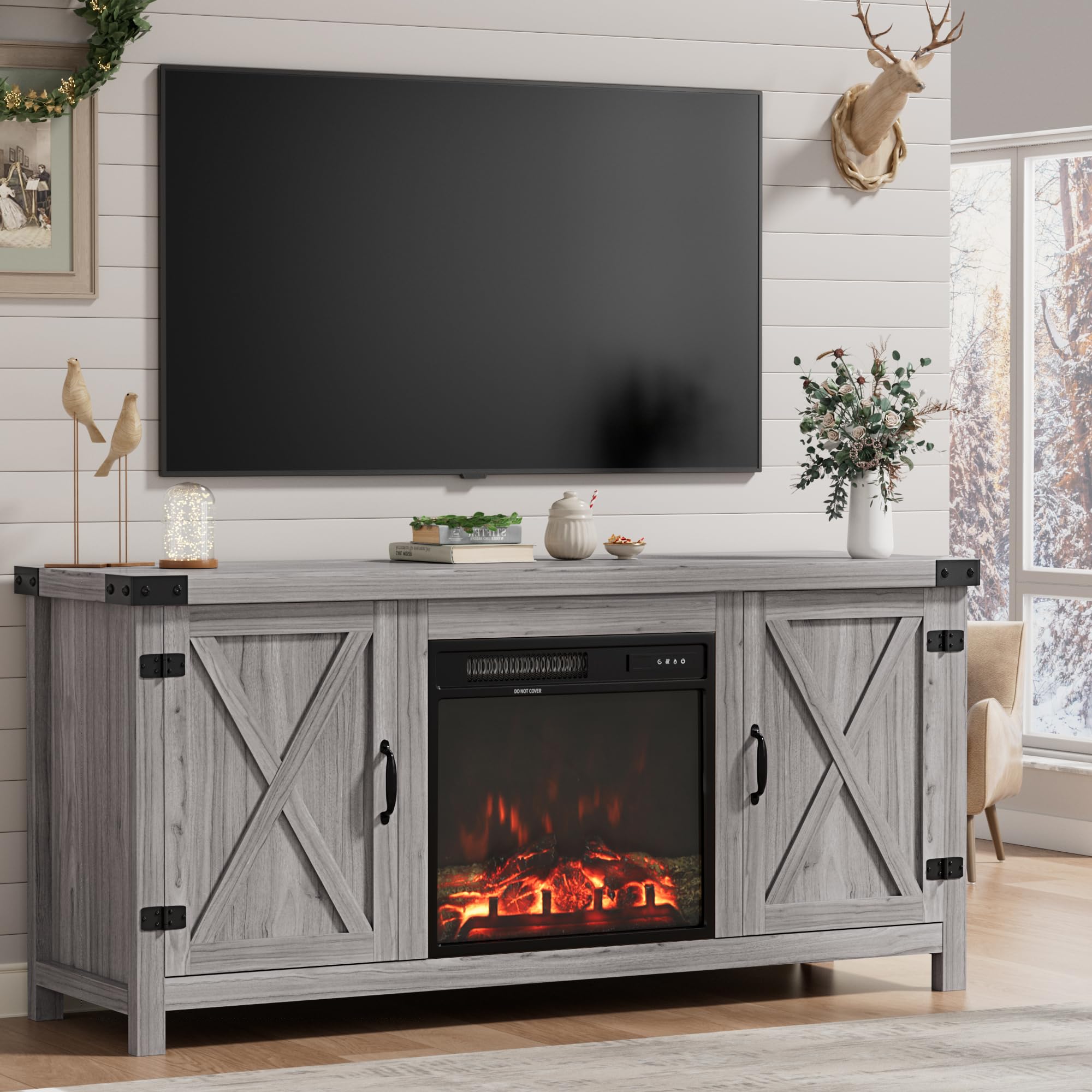 Furmax Fireplace TV Stand for Up to 65 Inches TVs, Farmhouse Entertainment Center with Grooved Barn Doors, Rustic Media Console Table with Storage Cabinets for Living Room (Grey Wash)