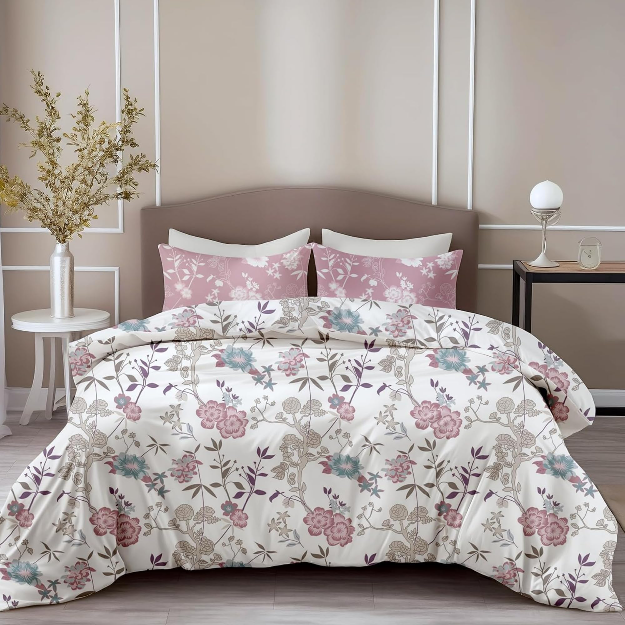 LORETO - A QUALITY LINEN BRAND 100% Pure Cotton Bedsheet for Double Bed, 144TC Soft & Breathable Double Bed Bedsheet with 2 Pillow Covers (Blush Pink & Teal Blooms, 88 x 90 Inches)
