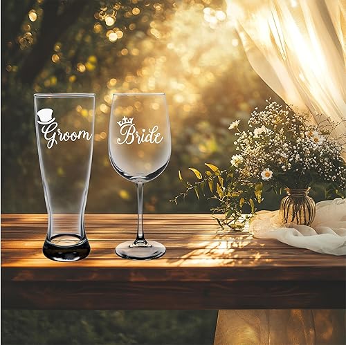 Miniatura 2 de C & M Personal Gifts Wine Glasses (Set of 2) Bride and Groom with Top Hat and Crown Engraved Wedding Glass Set
