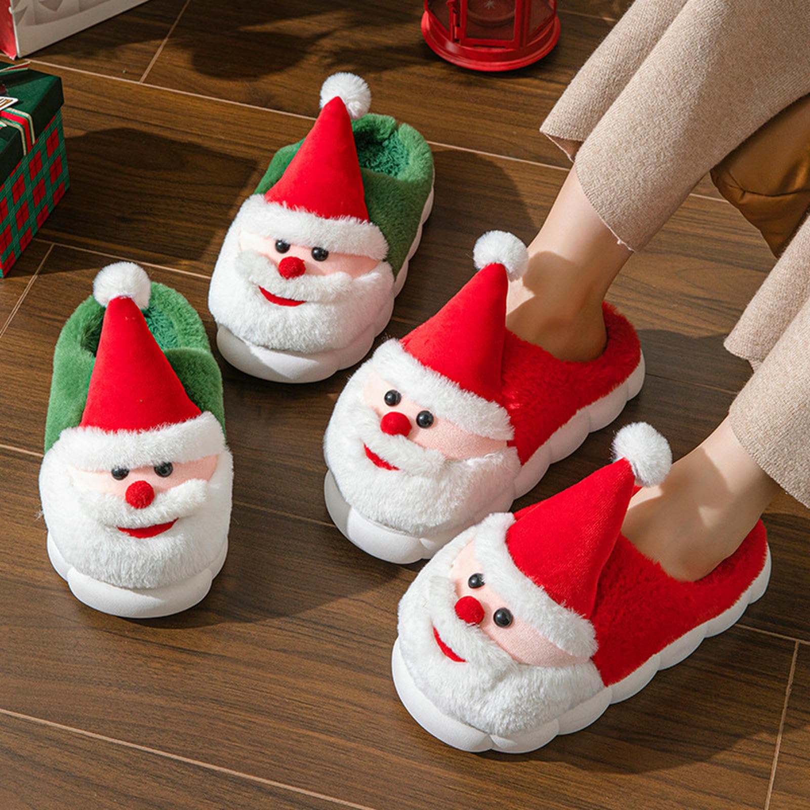 Pantofole Donna Calde di Babbo Natale da Donna, Scarpe Casa Comode E con Suola Spessa Antiscivolo-rosso-34-35