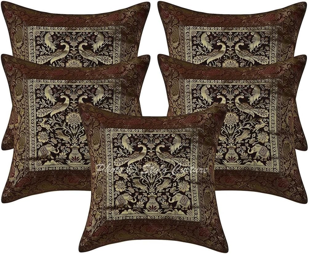 Bohemian Decorative Sofa Settee Accent Throw Pillow Covers 40x40 cm Brocade Bed Room Dark Green Elephant Jacquard Square Luxury Zippered Indian 16x16 Inch Cushion Covers - 5 Pcs
