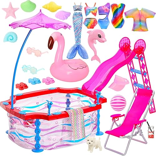 Miniatura 6 de ENOCHT Juego de 46 piezas de piscina para muñecas, piscina de muñecas con accesorios deslizantes, incluye traje de baño de sirena, sombrilla de