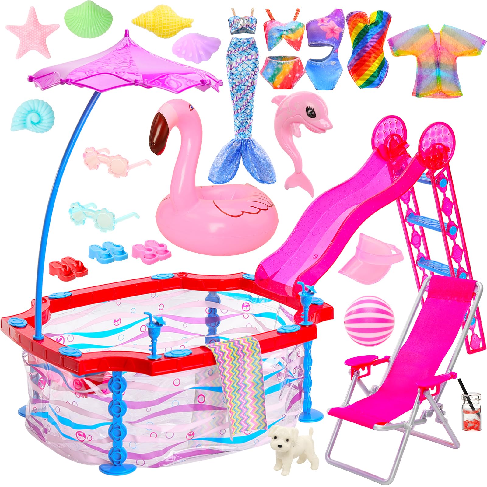 Miunana 23 Doll Swimming Pool Play Set with 19 Pool Accessories Beach Chairs Swimming Ring and 4 Sets Swimsuit Doll Clothes Mermaid Swimwear for 11.5 Inch/30cm Dolls