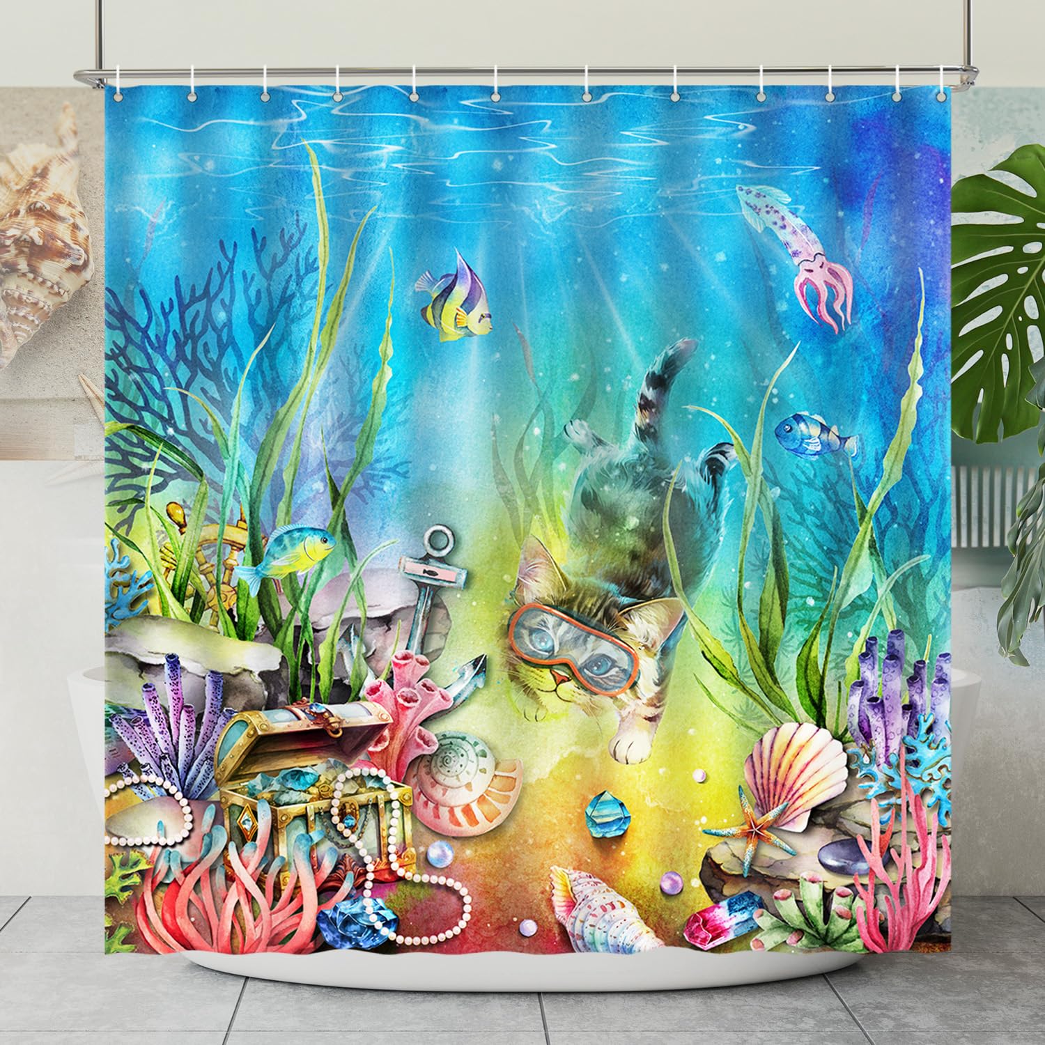 Lokigo Shower Curtain Cool Cat, Ocean Funny Diving Cat Finding Treasure Nautical Seagrass Shell Coral Shower Curtains Bathroom Decoration, Waterproof