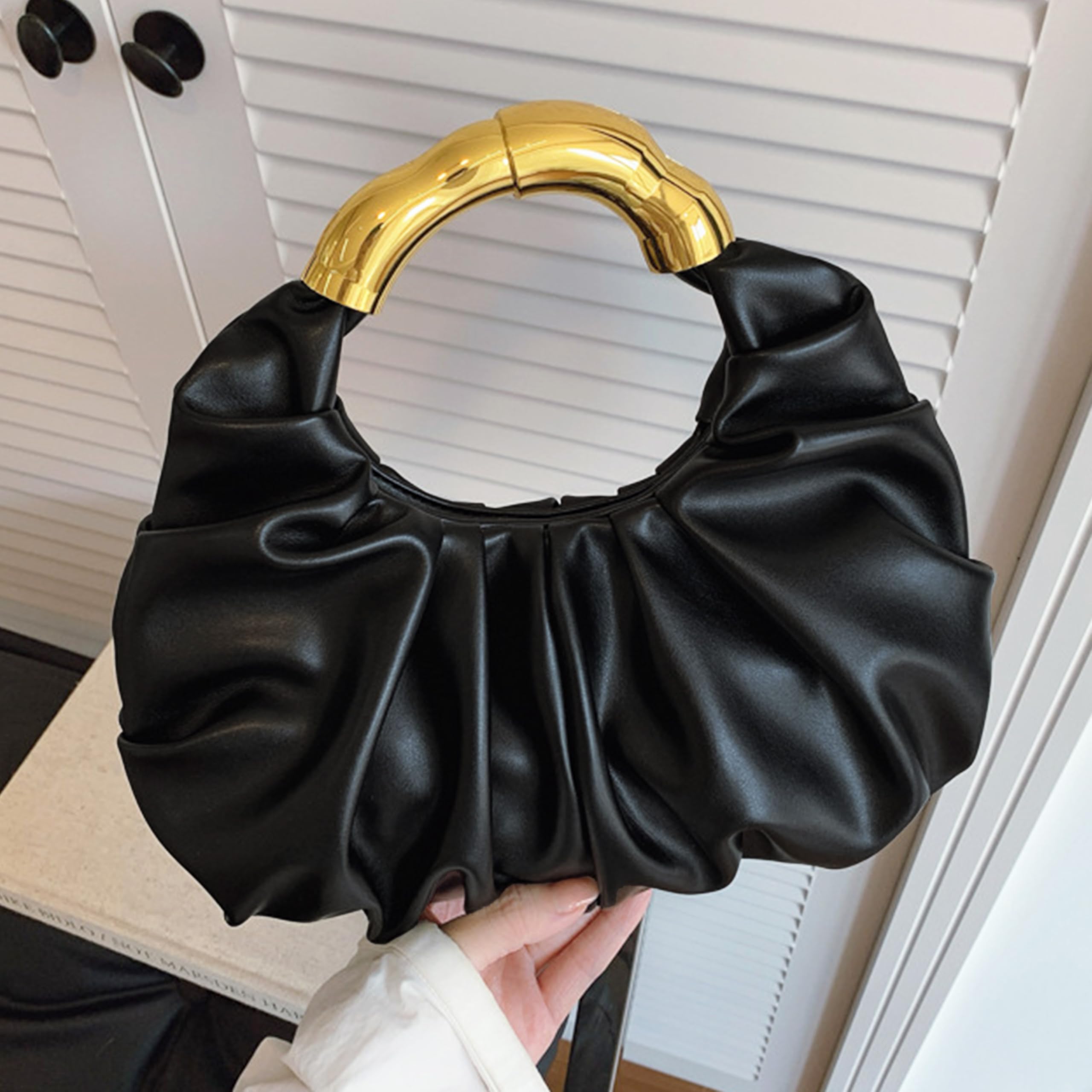 Clutch Purse for Women - Evening Clutch PU Leather Pleated Bag Designer Handbag for Party Prom Wedding: Bamboo Gold Black