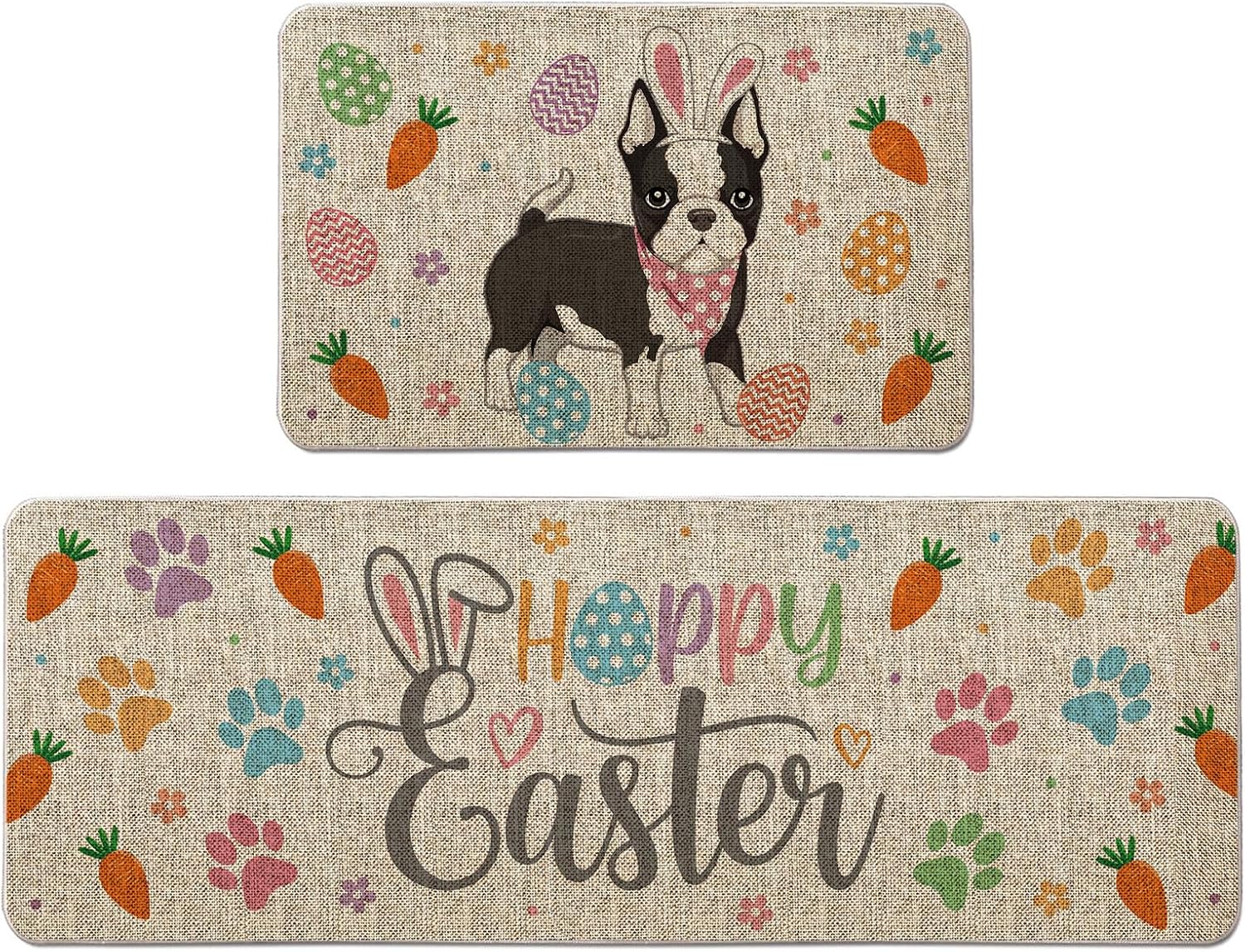 Easter Kitchen Rug Boston Terrier Kitchen Mat Set of 2, Happy Easter Decorative Farmhouse Floor Mats for Home Kitchen Dining Room Decorations - 17x27 and 17x47 Inch