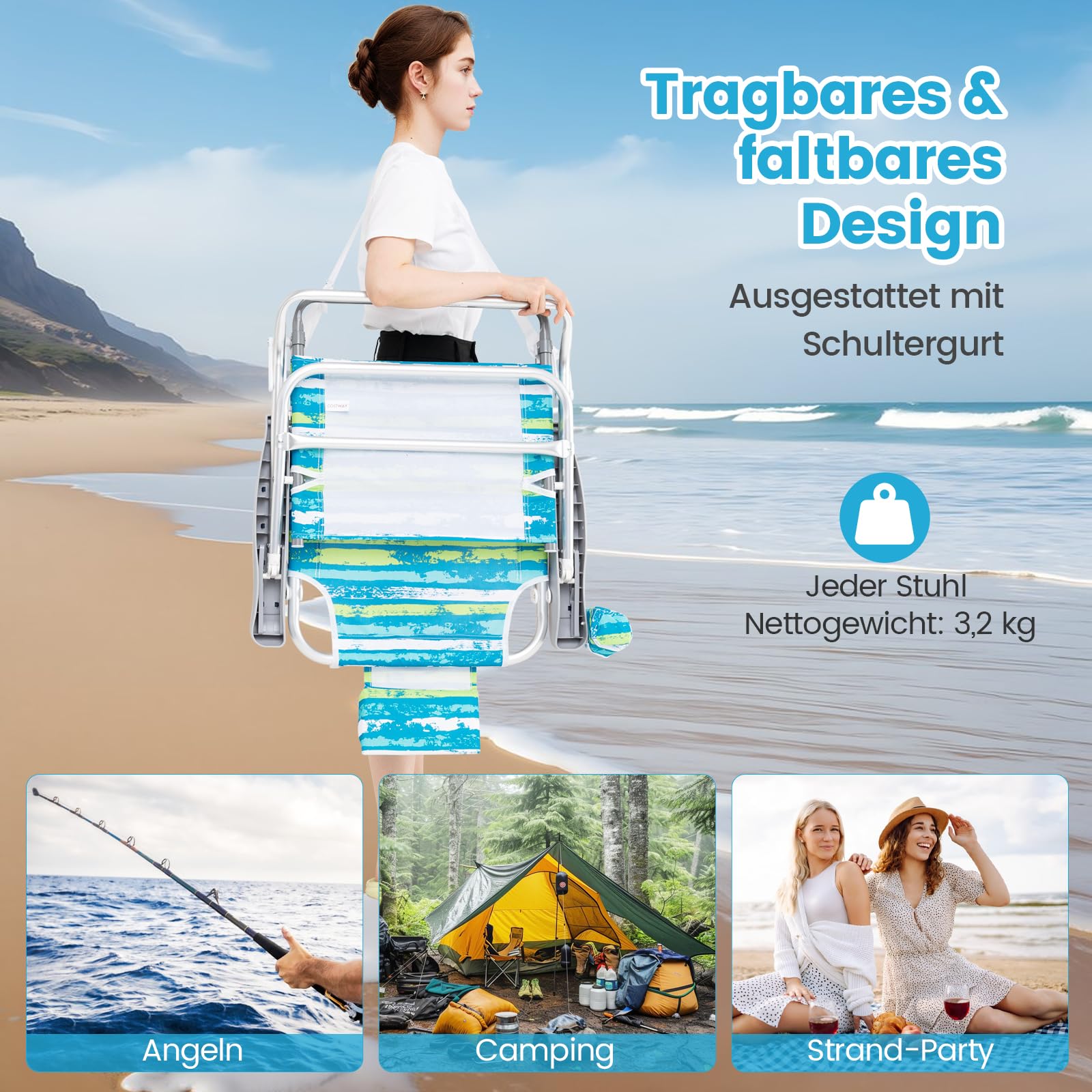 COSTWAY Strandstühle klappbar leicht, 2er Set, Campingstühle mit Verstellbarer Rückenlehne, Kopfstütze, Getränkehalter & Handtuchhalter, Klappstühle, Outdoor-Stühle bis 150 kg belastbar (Grün)