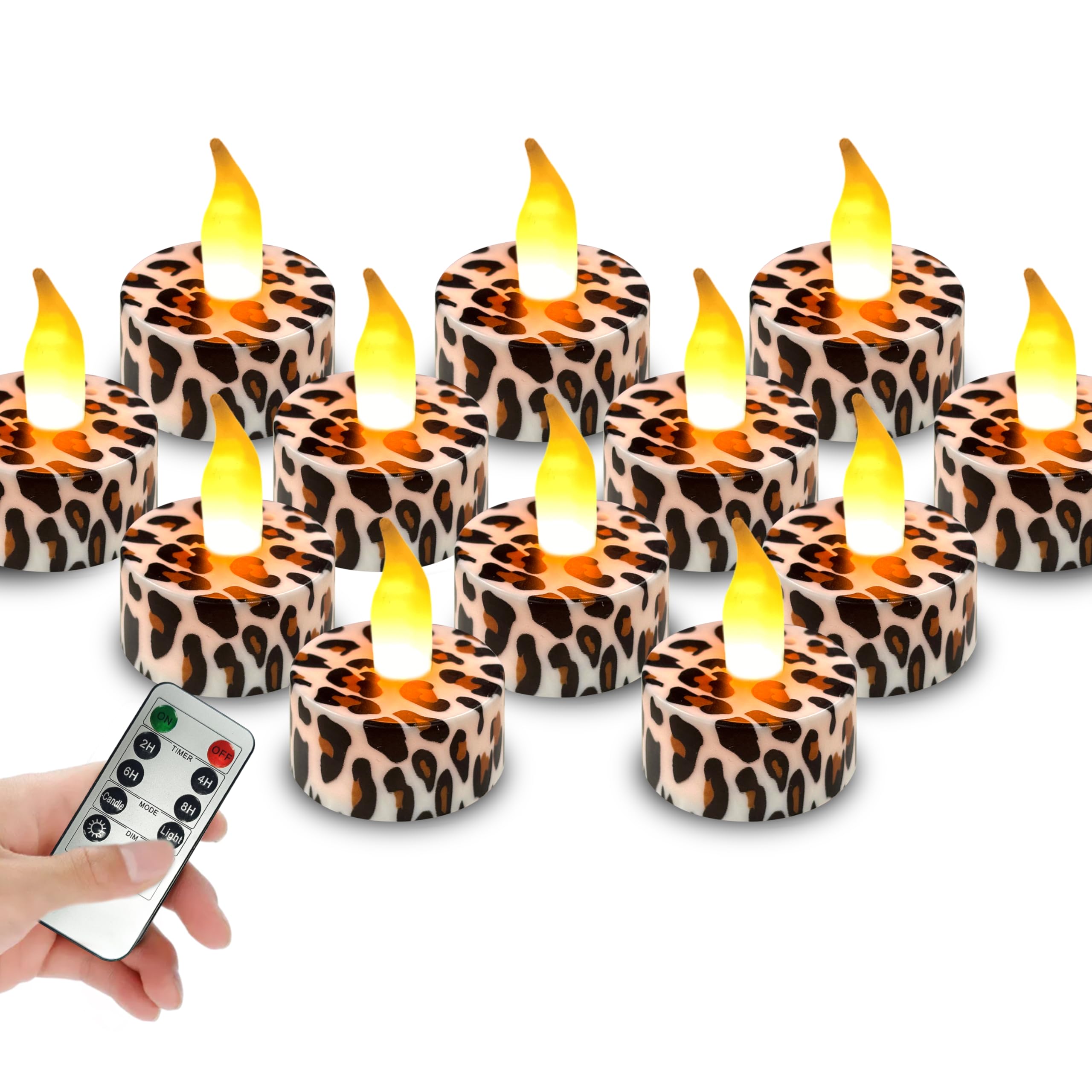 Set di 12 lumini votivi senza fiamma con timer remoto, a LED, a forma di ghepardo