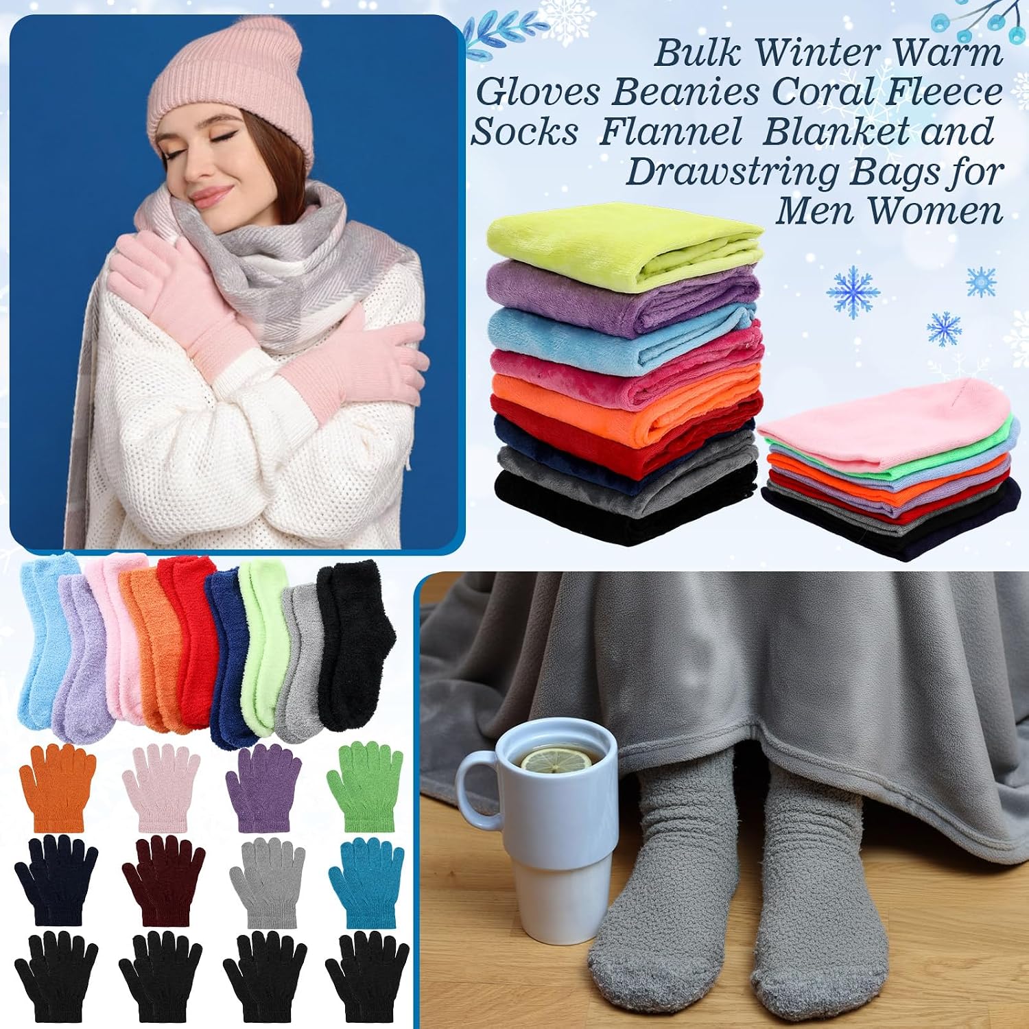 Handepo 60 Pcs Winter Homeless Care Package Supplies Bulk Flannel Blanket Beanie Hat Knit Gloves Coral Fleece Socks Drawstring Bags for Men Women Care Donation Charity Winter Accessories image 4