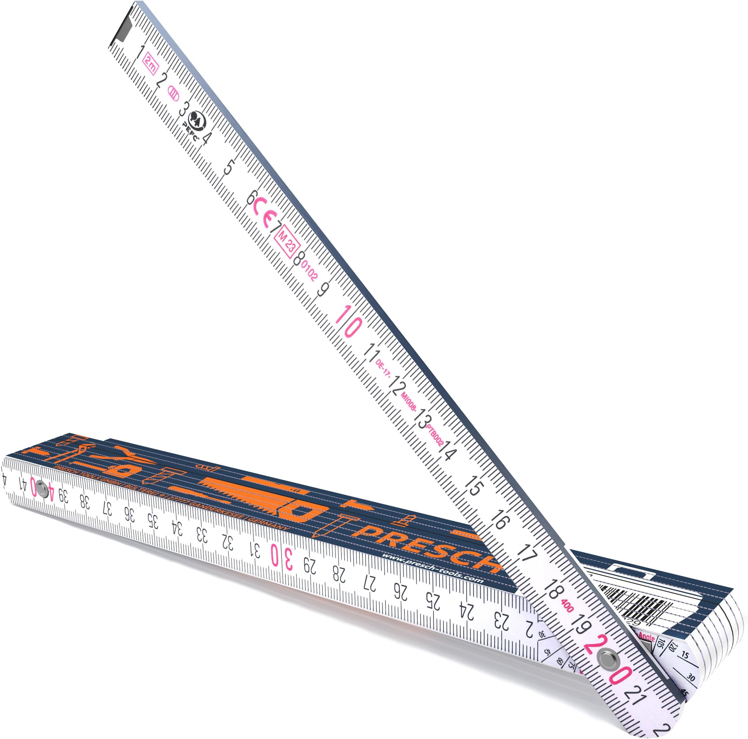 Presch Folding rule 2m with angle scale | Wood | Blue | Foldable | Large & highly legible numbers | Precise snapping | Meter stick, carpenters rule, folding ruler 2m, joiners rule with tool pattern