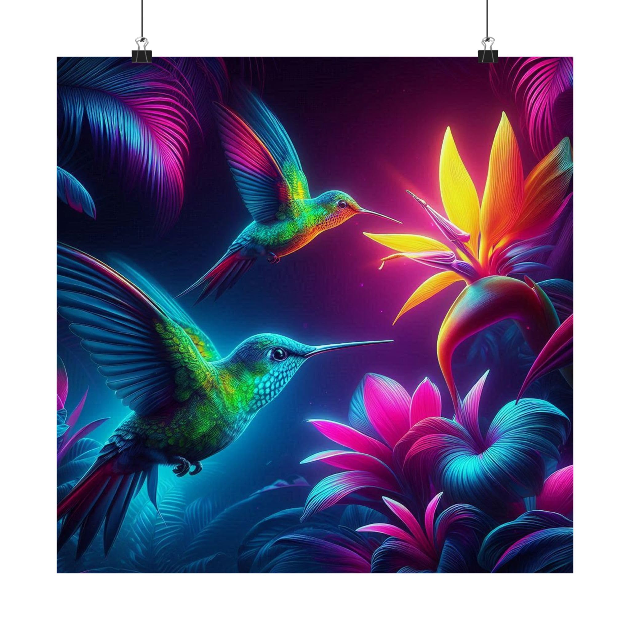 Vividly Colorful Hummingbirds Hovering Near Neon Tropical Blooms - 18x18 Matte Poster - Made in USA