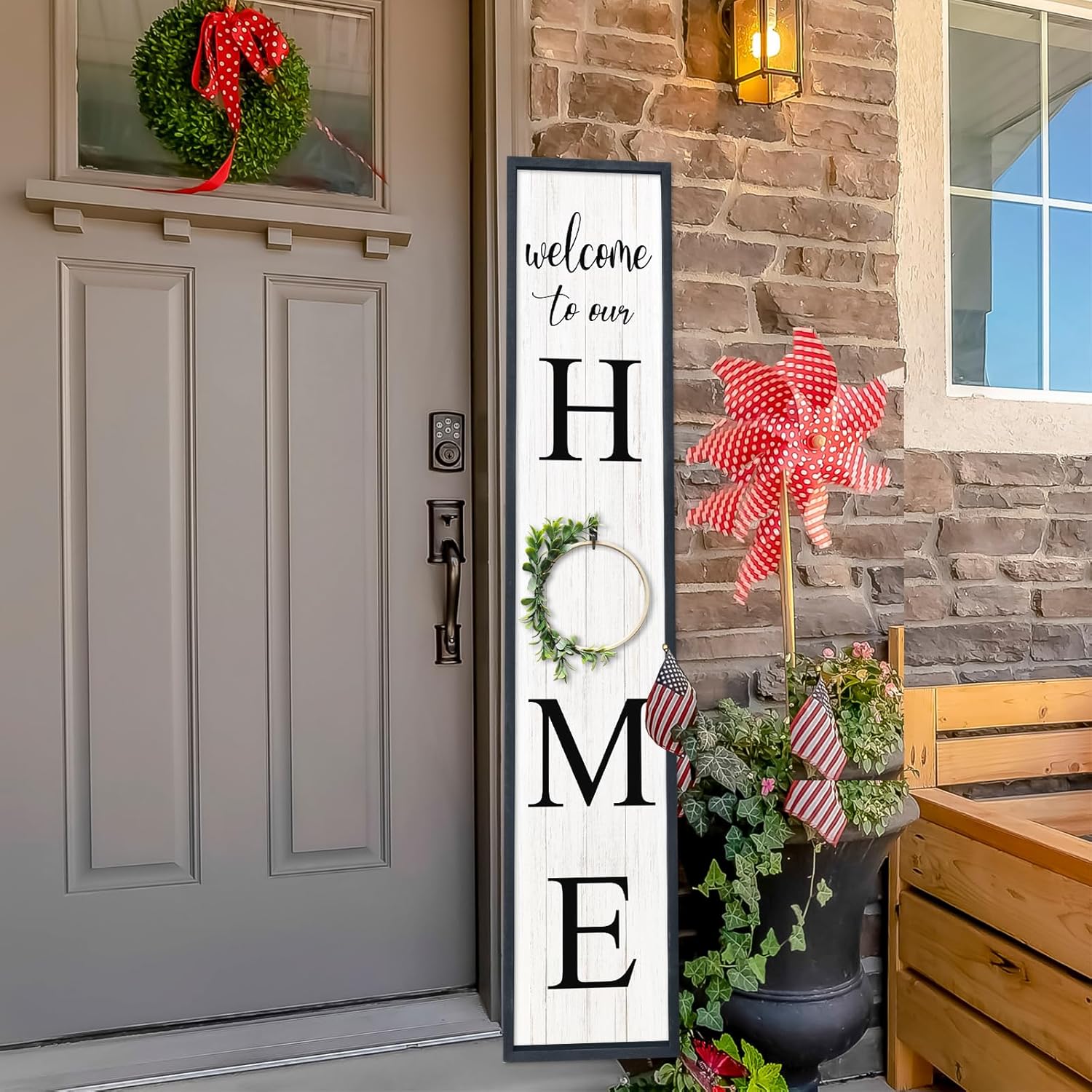 Interchangeable Welcome Sign for Front Porch Door, Outdoor Leaner Home Wooden Frame With 12 Pcs Replaceable Icons Outside Standing Seasonal Welcome Holiday Decorations (45"X9" Wood Black)