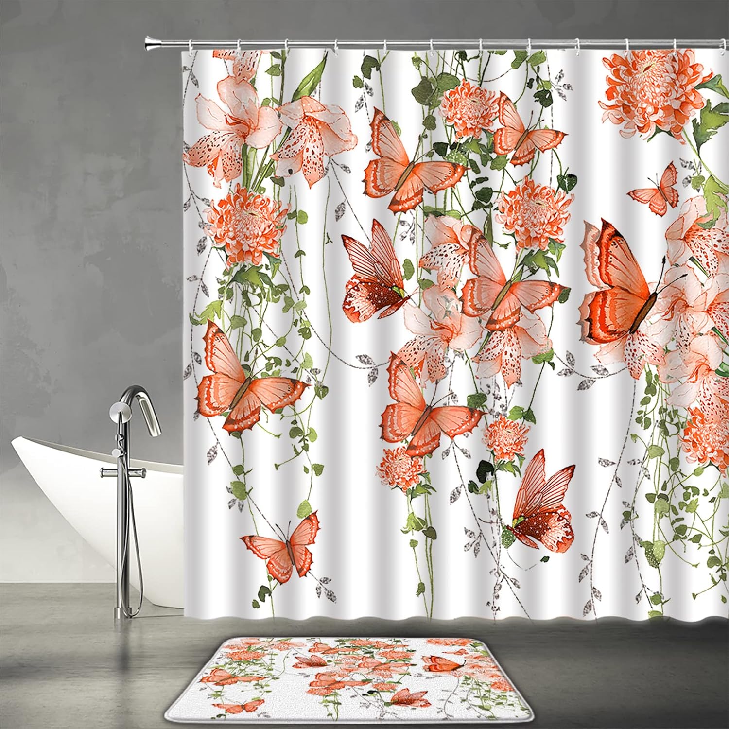 2 Pcs Shower Curtain Set Flower Butterfly Bath Mat Orange Floral Watercolor Butterflies Bathroom Bedroom Kitchen Rug Soft Memory Foam Backing Bath Mat 16x24 and Shower Curtain 70X70 Inch