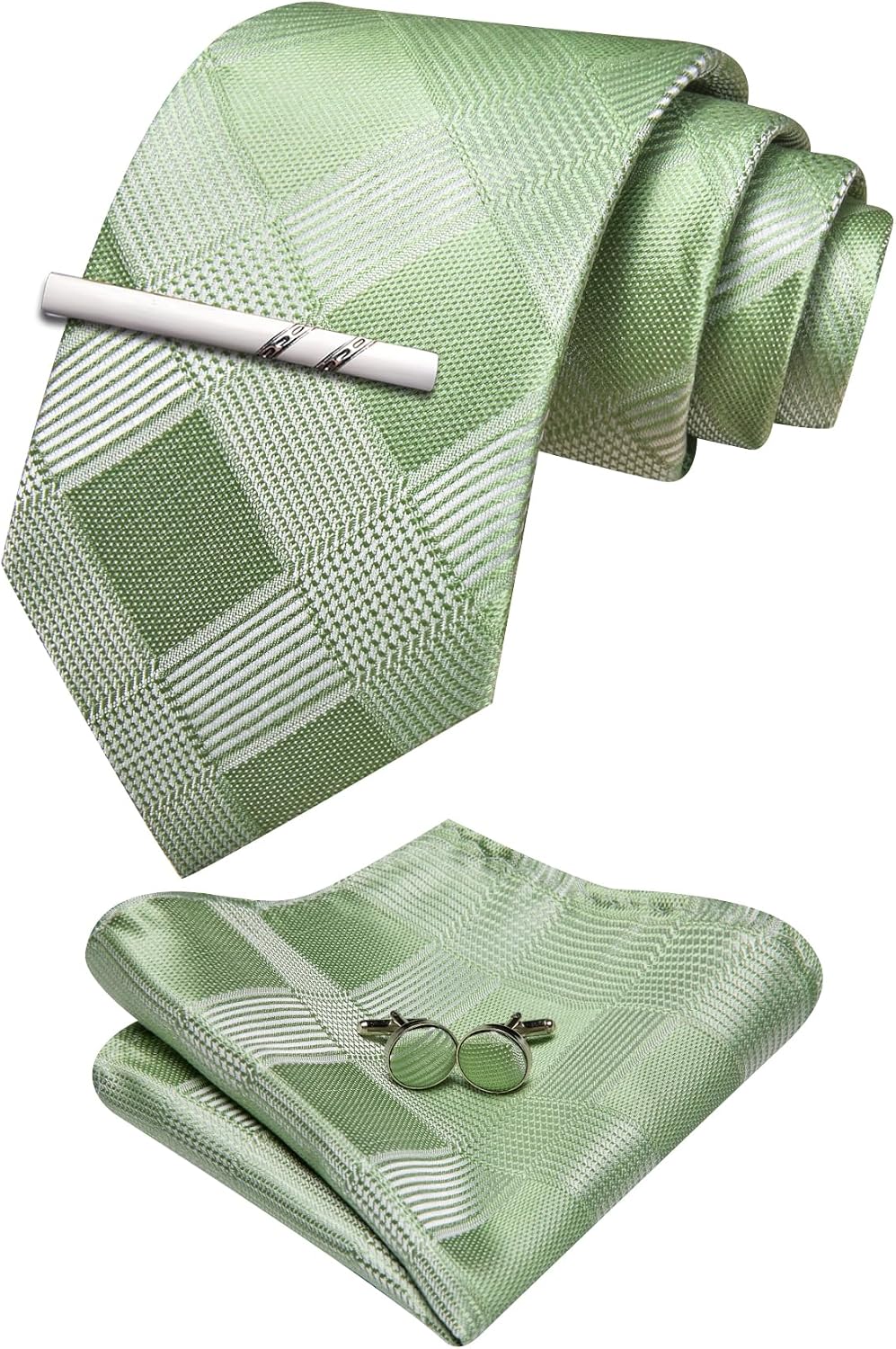 YOHOWA Extra Long Men Tie with Tie Clip Set Solid Plaid Silk Necktie Pocket Square Cufflinks Formal Wedding Party Business
