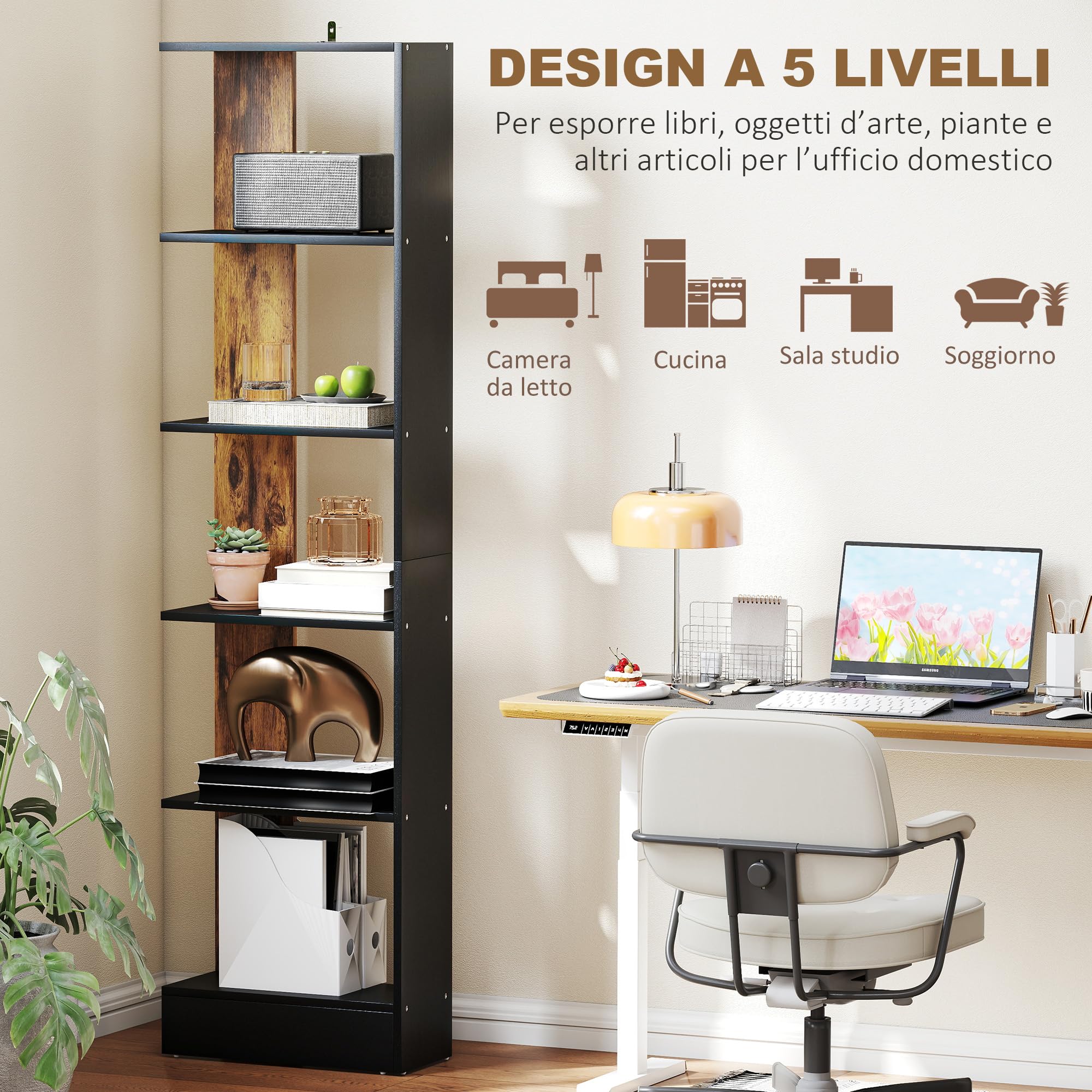 HOMCOM Mobiletto Scaffale Stretto a 5 Ripiani, Scaffale Portaoggetti Salvaspazio Moderno in Legno, Libreria per Bagno, Soggiorno, Camera da Letto, Studio e Ufficio, 45x21x170 cm, Marrone Rustico