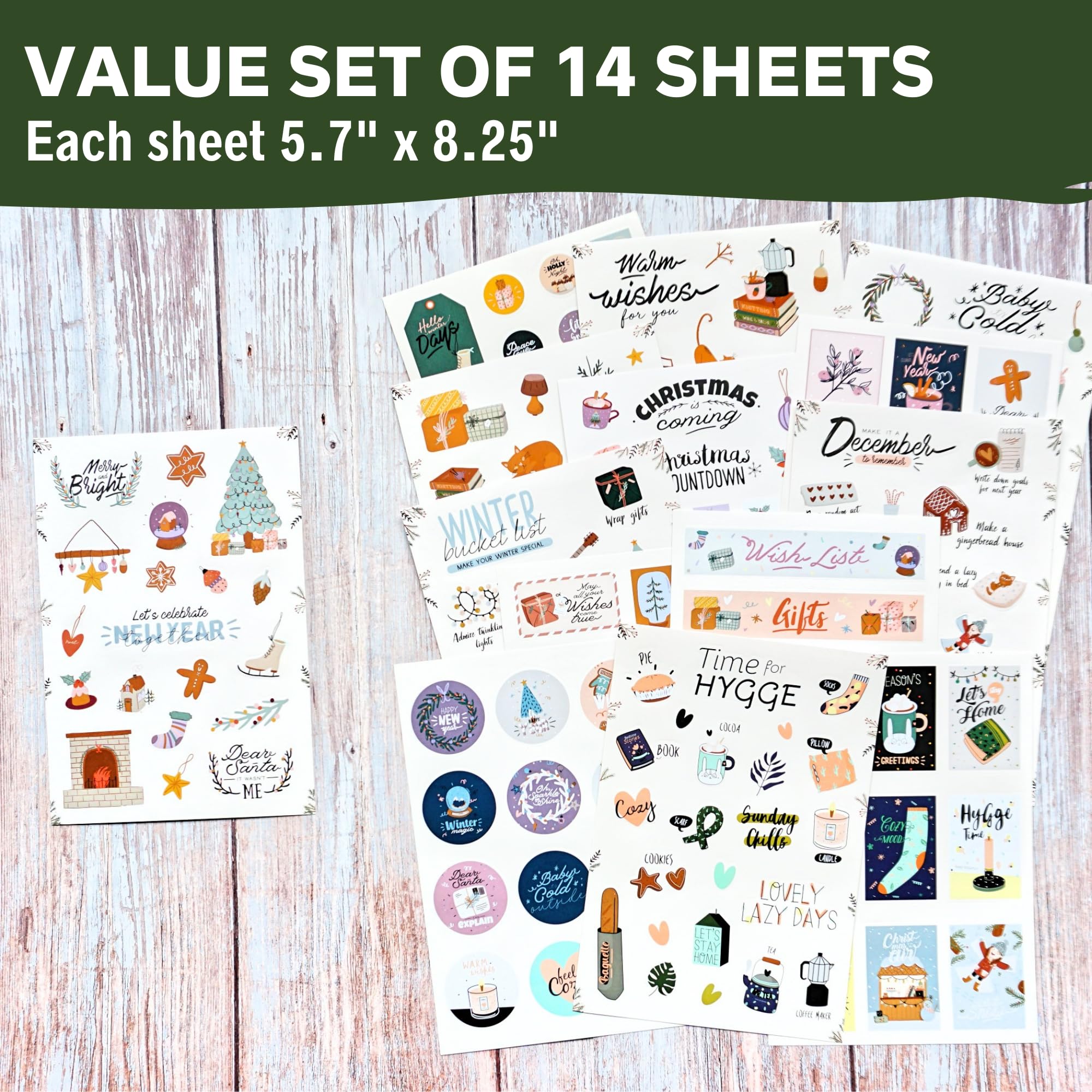 Frohe Weihnachten Aufkleber,14 Blatt saisonaler Winter-, Hygge- und Urlaubsplaner-Aufkleber für Tagebuch, Scrapbooking, Grußkarten, Geschenkpapier, ästhetische Aufkleber für Kinder und Erwachsene