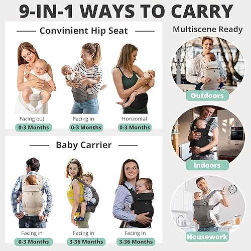 Miniatura 5 de Portabebés, portabebés con asiento de cadera, portabebés 3 en 1 para recién nacidos hasta niños pequeños, 3-36 meses, asiento de cadera ajustable