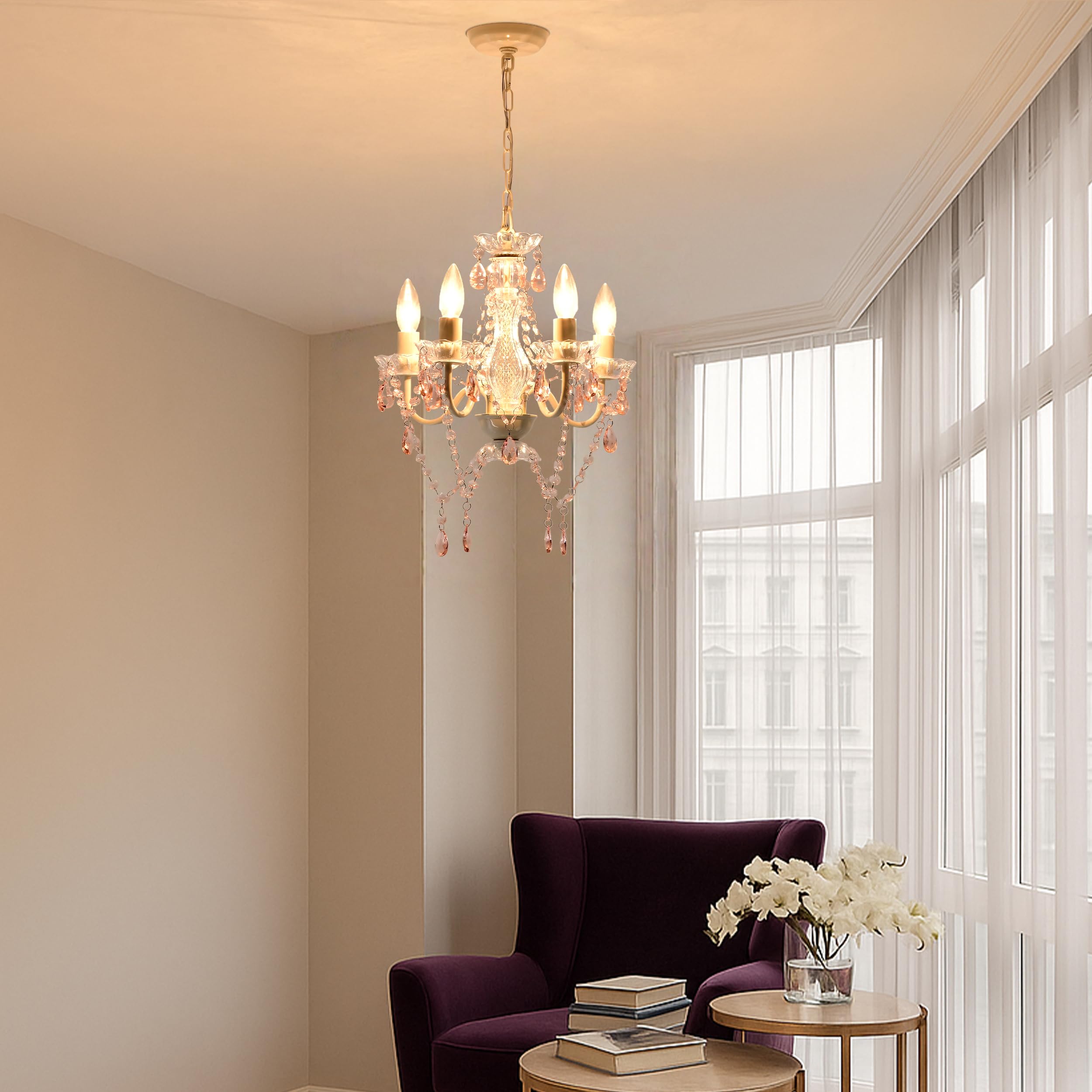 Alighting Kleiner Kronleuchter in Rosa und Weiß – 4-Flammige Pendelleuchte Ø 41 cm, Elegante Deckenlampe für Mädchen Kleine Räume, Schlafzimmer, Kinderzimmer, Flur, E14