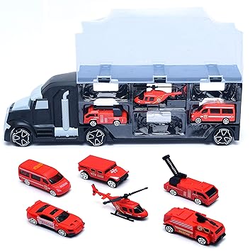 Toys Bhoomi Plastic 6 in 1 Rescue FIRE Team STEM Toy Trucks Transport Car Carrier Vehicle Learning Toys Play Vehicles Car Gifts for Kids Boys Girls, Pack of 1, Red