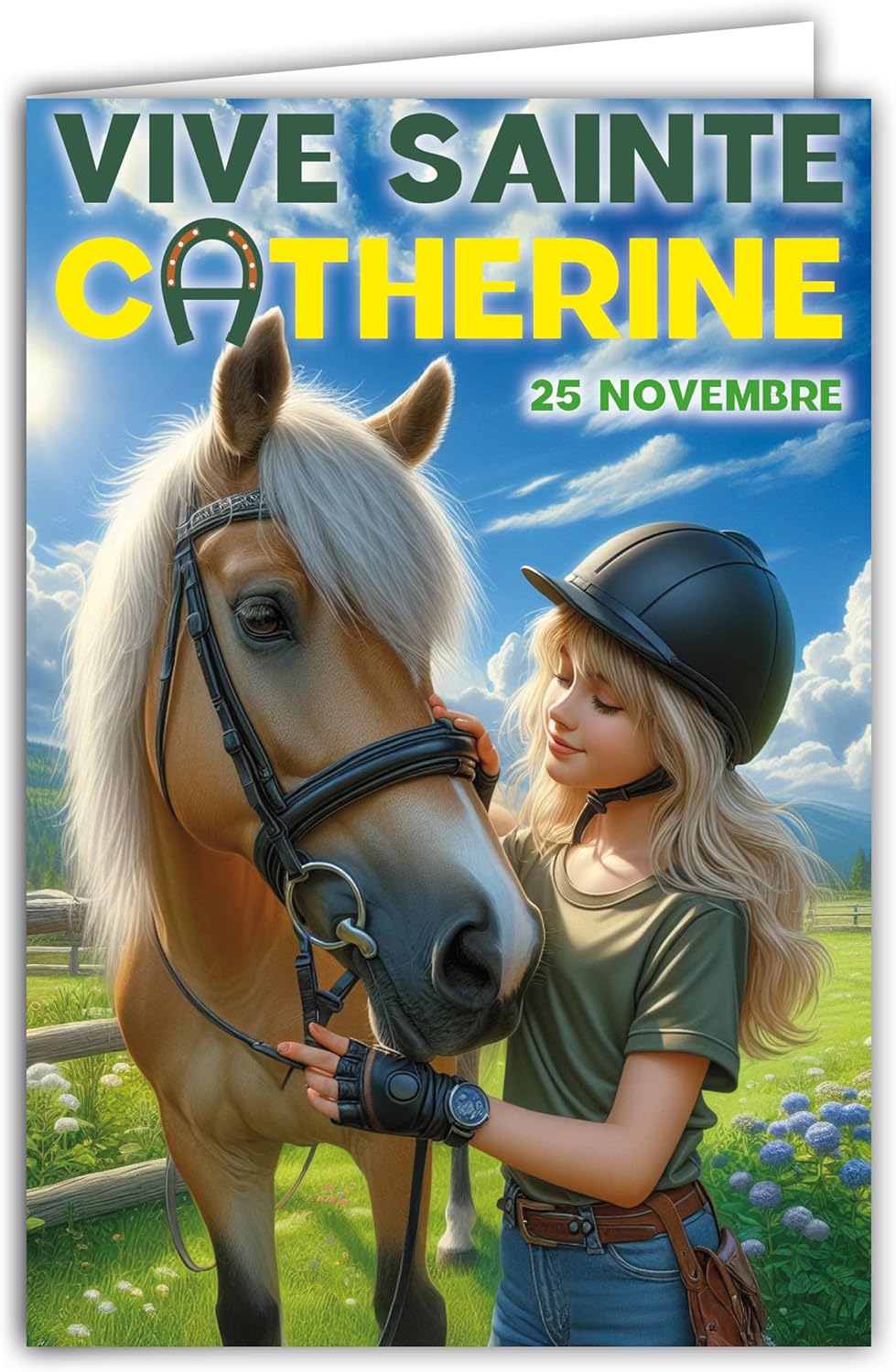 Vive Sainte Catherine 25th November Wish a Happy Party to a Young Girl Woman Rider Theme Horse Club Horse Riding – With White Envelope Size 12 x 17 cm – Made in France