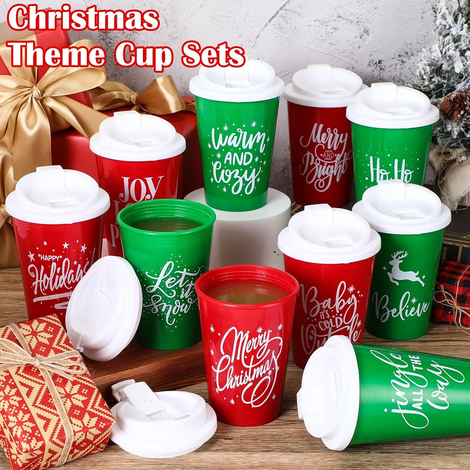Sliner 20 Pcs Christmas Reusable Coffee Cups with Lids Bulk 12 oz Christmas Plastic Cup Gifts Xmas Drinks Tumblers with Snowflake for Coworkers Family Winter Party Favors (Red,Green)