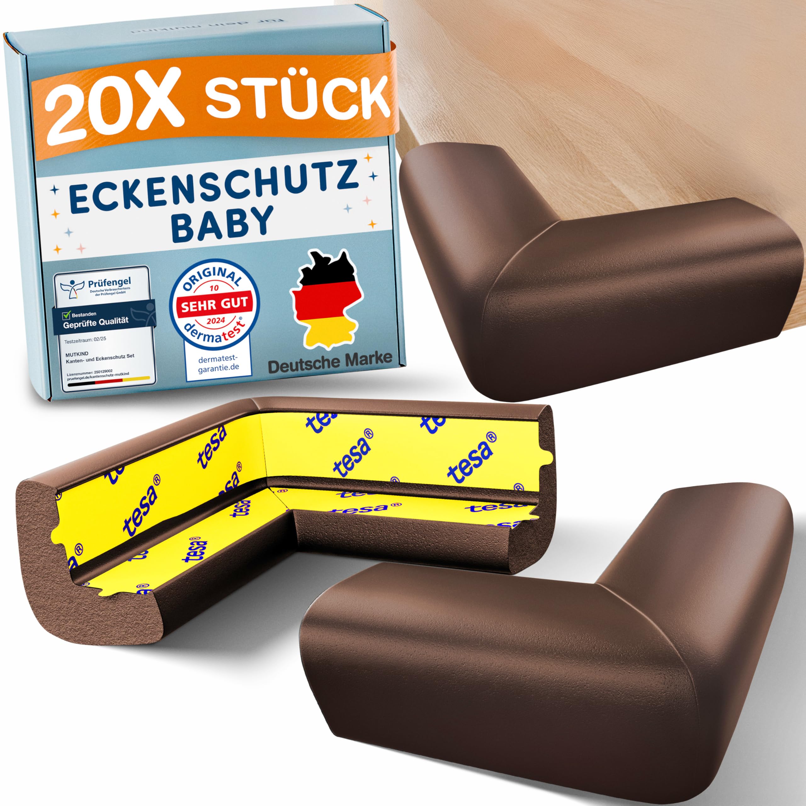MUTKIND® 20x Eckenschutz Baby - (Mit Kleber von TESA) Kantenschutz Baby - Weich & Stoßfest | Extra starker Halt | Tischkantenschutz Ecken - Eckenschutz Kantenschutz Selbstklebend (Braun)