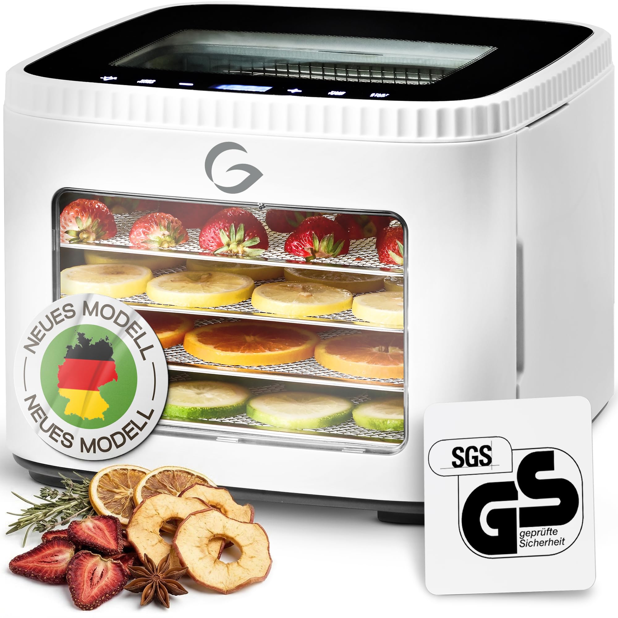 Dörrautomat 5 Edelstahlgittern. Dörrgerät 500W-0,2m² mit extra Sichtfenster, Fruchtlederform, Filter, Kräuter-mesh, LED, LCD, 𝟏𝟎𝟎+𝟏 𝐑𝐞𝐳𝐞𝐩𝐭. Kompakter Dehydrator für gesunde Snacks.