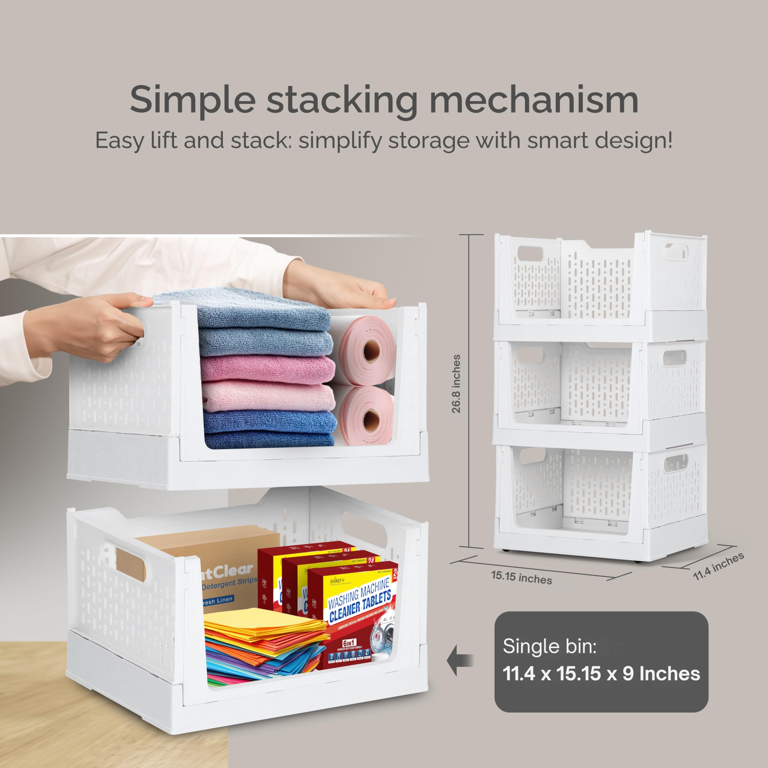 TidyFriend Stackable Storage Bins with Wheels, 3 Pack Foldable Storage Bins Box, Plastic Shelves Drawer Organizer Container for Closet Office Bedroom Kitchen Bathroom (Ivory)