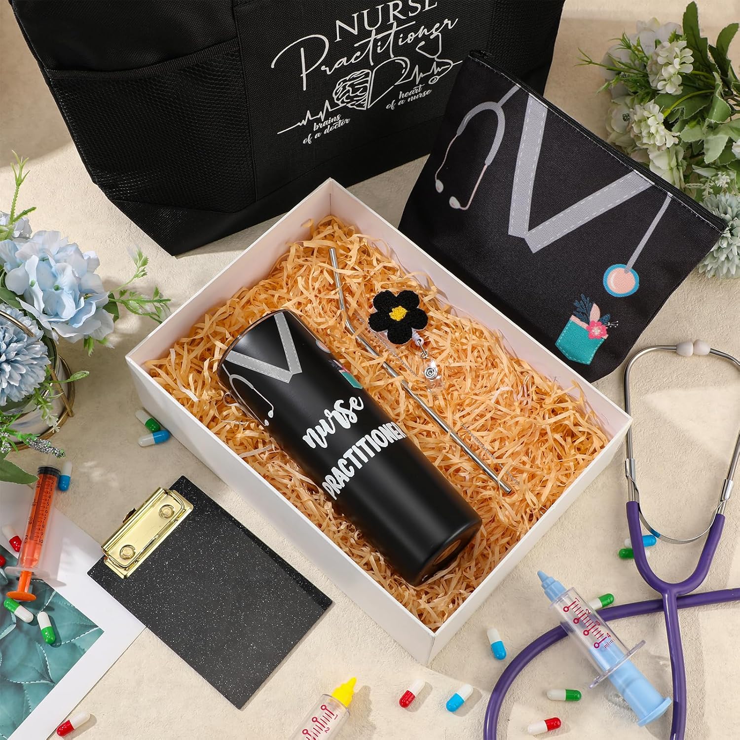 Sieral 5 Pcs Nurse Gifts Bulk for Women NP Gifts Tumbler Tote Makeup Bag Badge Clipboard for Coworker Nurse Practitioners - Image 6