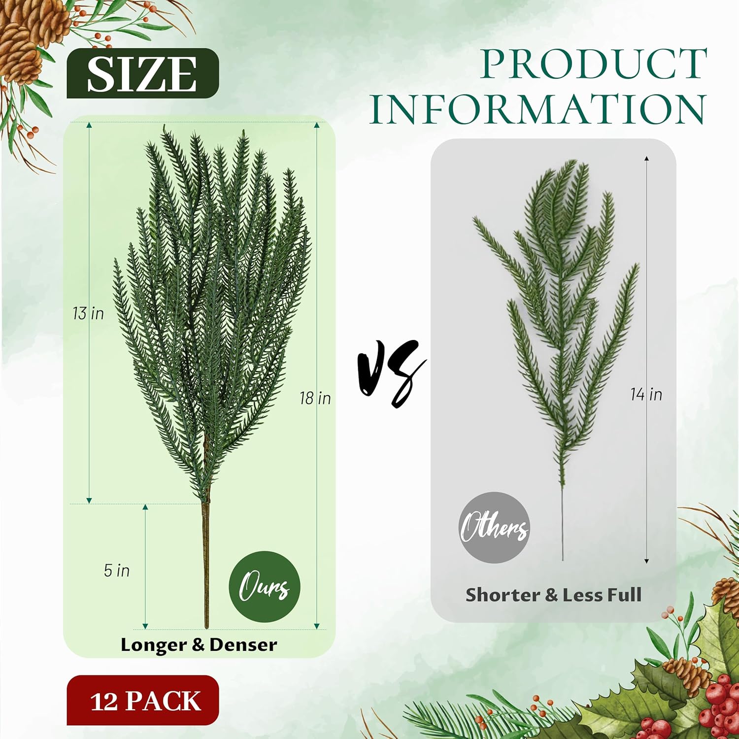 Der Rose 12Pcs Christmas Norfolk Pine Stems, 18 Inch Artificial Pine Branches Faux Cedar Stems Greenery Picks for Xmas DIY Crafts Wreath Garland Home Outdoor Christmas Decorations Indoor - Image 3