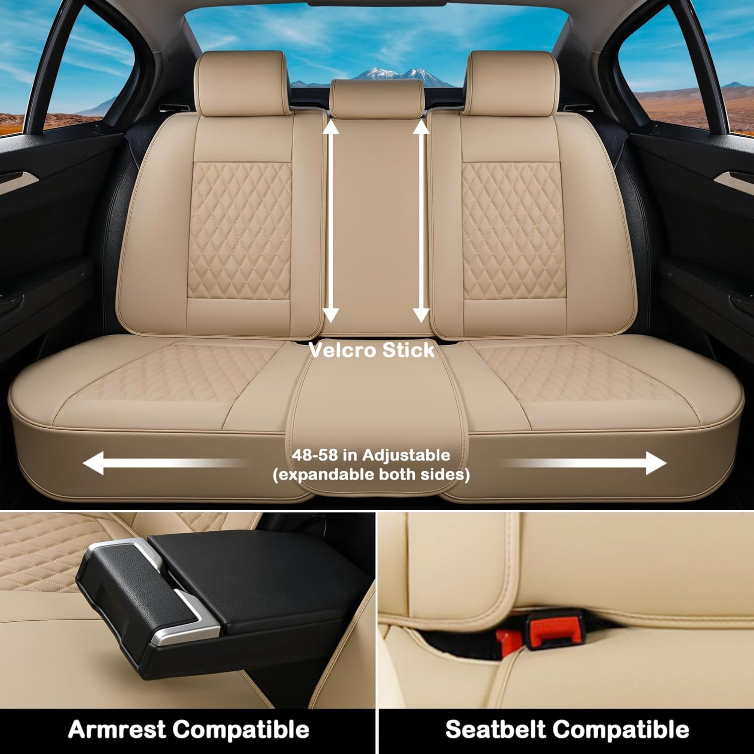 Coverado Car Seat Covers Full Set, Automotive Front and Rear Seat Covers with Backrest, Nappa Leather Car Seat Protectors Waterproof, Universal for Most Vehicles,Beige