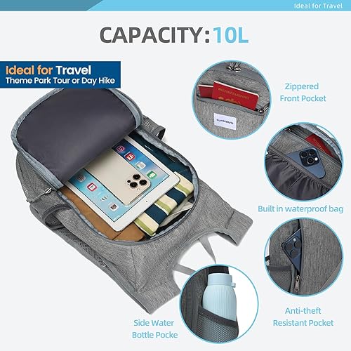 Miniatura 3 de Bolsa de senderismo ligera de 10L Mochila pequeña Mochila de senderismo Bolsa plegable al aire libre para mujeres hombres (gris)