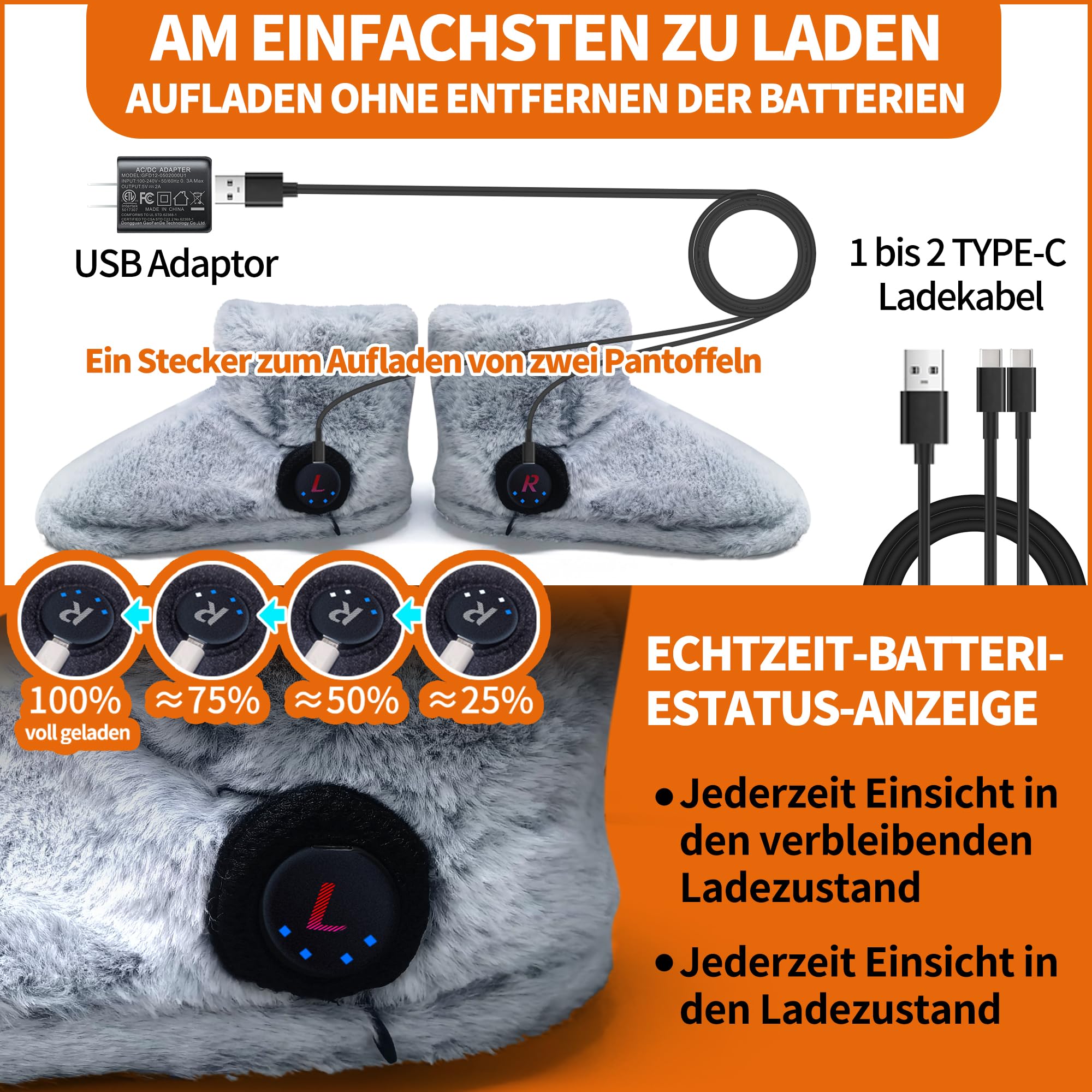 Wiederaufladbarer Fußwärmer für kalte Füße, Graphen beheizte Stiefel für Damen, 4-8 Stunden Wärme, Waschbar & Abnehmbar, Elektrisch beheizte Pantoffeln，Beheizbare Hausschuhe Indoor (grau)