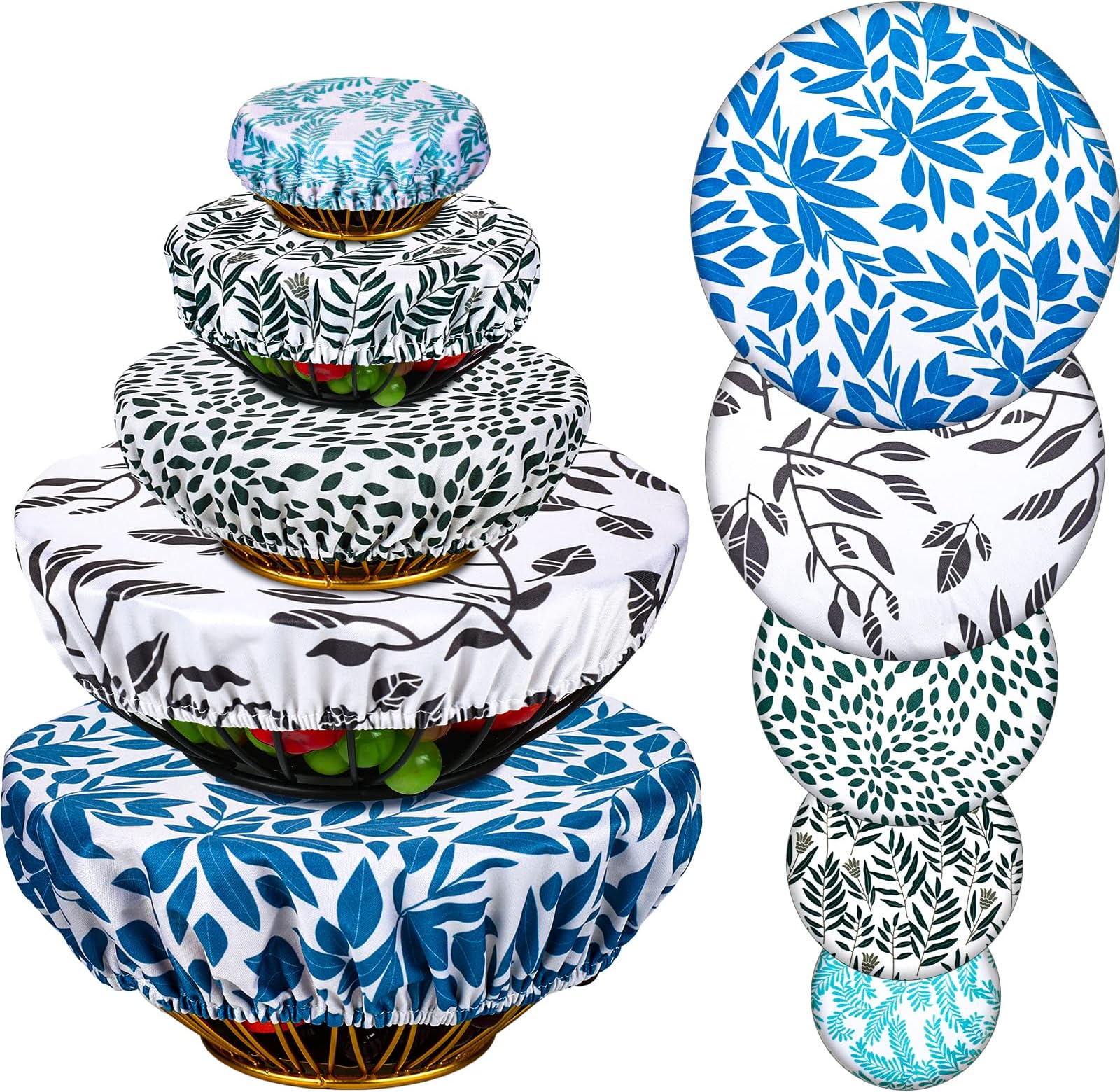 10 Pieces Reusable Bowl Covers in 5 Size Elastic Cloth Fabric Food Storage Bowl Covers Cotton Fabric Cover for Kitchen Proofing Food Fruits Leftover, 4 to 12 Inch
