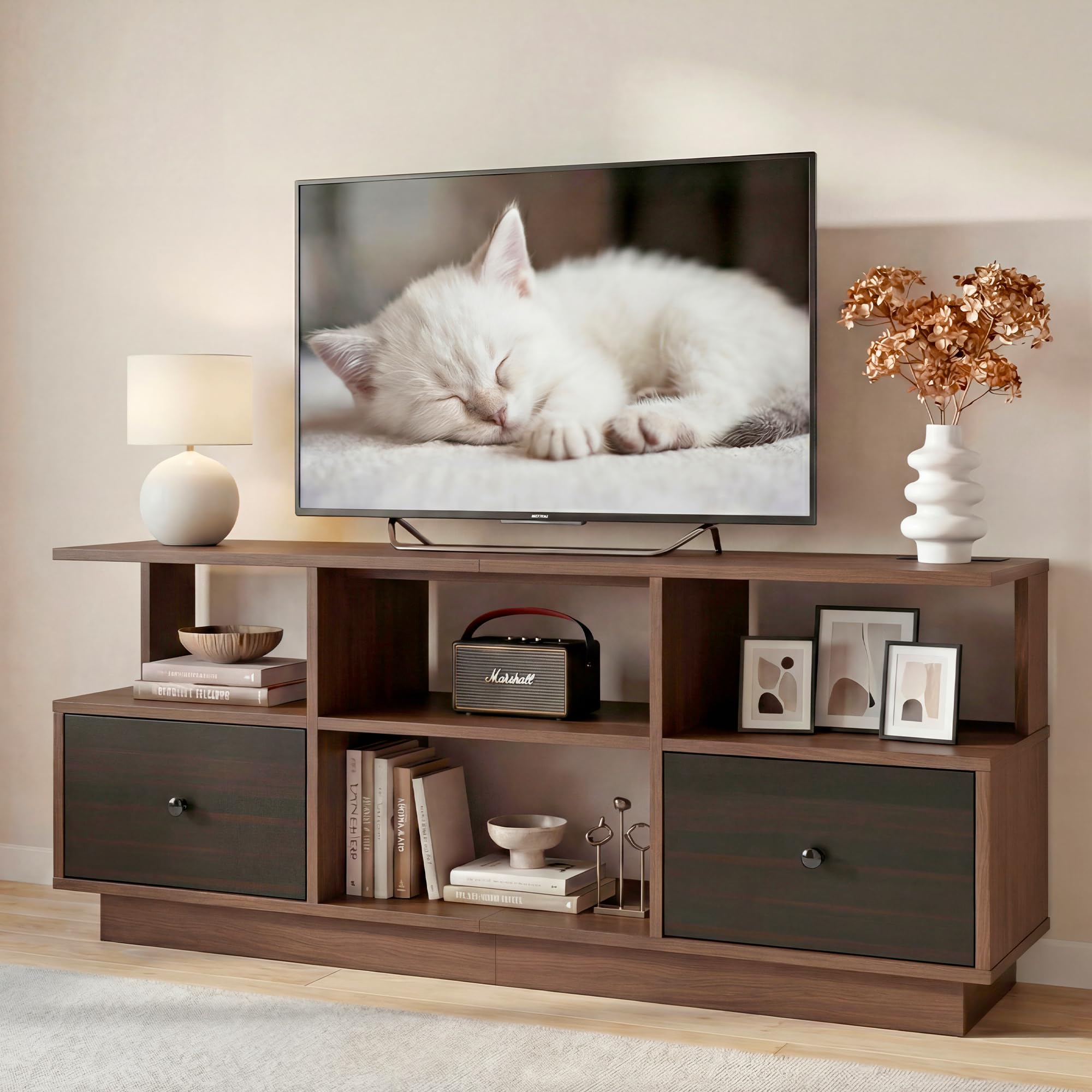 Manora Walnut TV Unit 55‑Inch,Media Cabinet 2 Drawers & Open Shelves