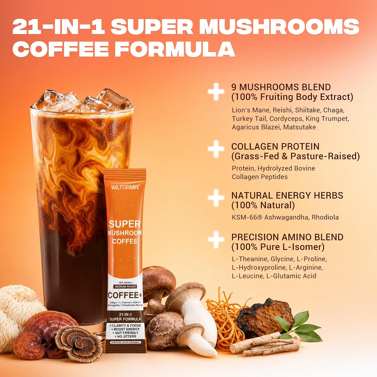 Mushroom Coffee with 9 Adaptogenic Mushrooms, Collagen, Lion’s Mane, KSM-66 Ashwagandha & L-Theanine, Smooth Low-Acidity Instant Coffee for Focus Energy Digestion Immunity, No Bitter Taste, 30 Sticks