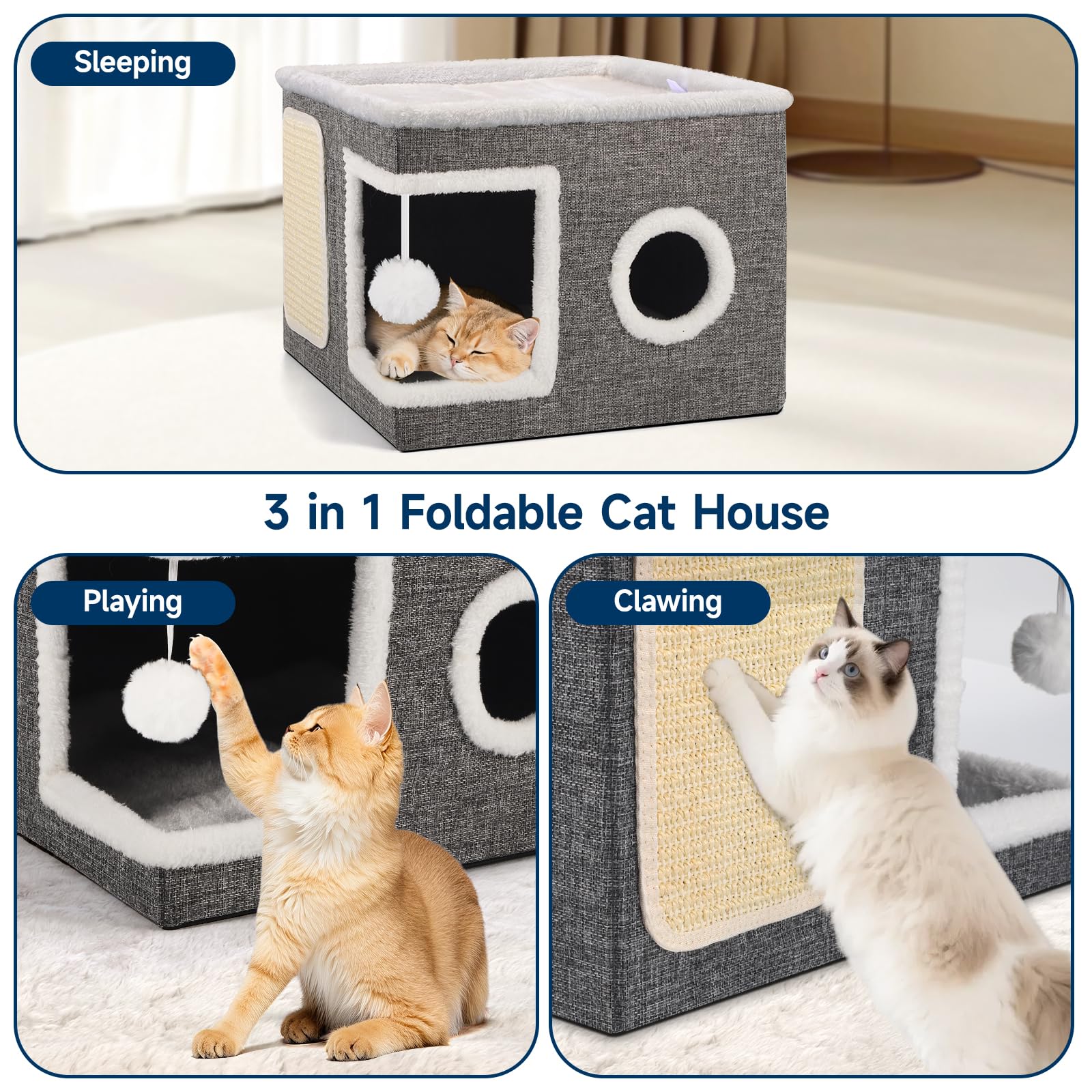 Faltbares Katzenhaus Indoor große Katzen, 43L x 43B x 32H cm Große Katzenhöhle mit Kratzbrett und Spielball, 2 Schicht Katzen würfel, Katzenhaus Höhle für kleine und mittlere Haustiere