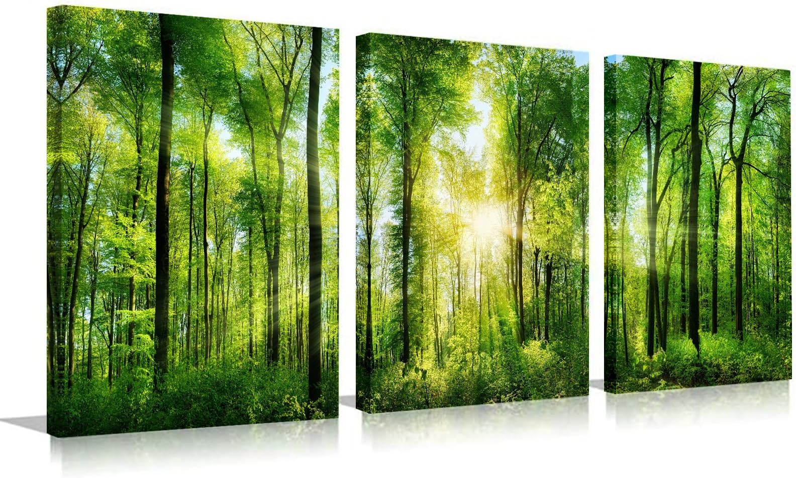 Forest Art Canvas Wall Decor: 3 Panel Nature Wall Art Landscape Paintings Framed Trees Green Pictures Sunrise Scenery Wall Decor for Living Room Bedroom Office Bathroom 12 x 16 Inch