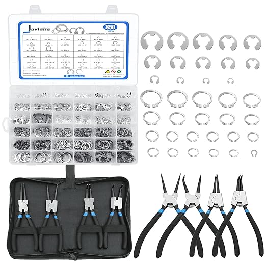850Pcs C-clip External Retaining Rings Snap Rings Assortment Kit Circlip 304 Stainless Steel(M4-M28) + E-clip Retaining Rings Assortment Set(1.5mm-15mm) + 4-Piece 5-inch Snap Ring Pliers Set