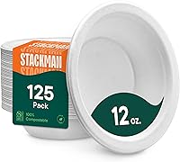 StackMan 100% Compostable 12oz Paper Bowls 125-Pack - PFAS-Free BPI Certified Heavy Duty Bagasse Eco Soup Bowls