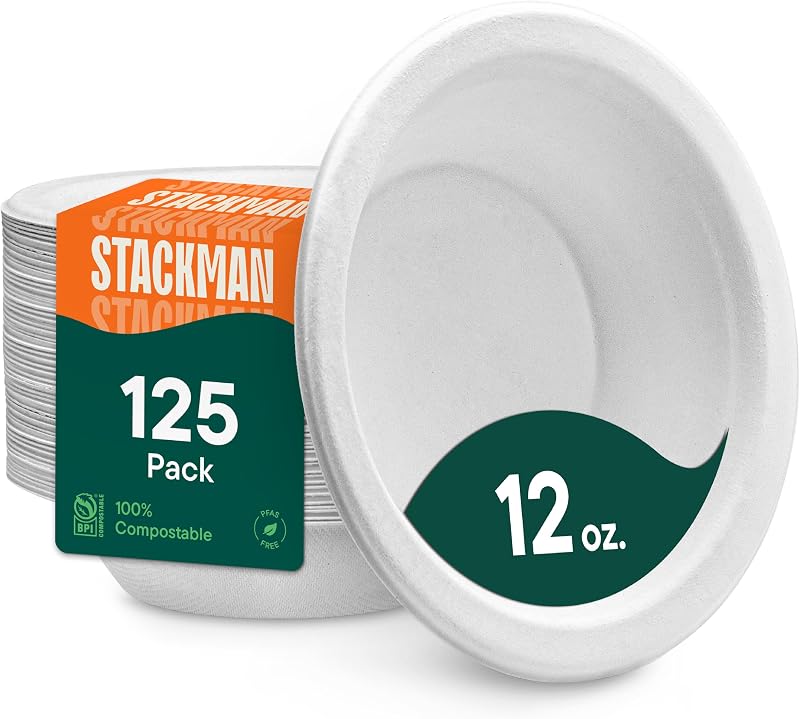 100% Compostable Disposable Paper Bowls [125-Pack] - {PFAS-Free} - {BPI Certified} - [12 oz] Heavy Duty, Eco-Friendly, Biodegradable Bagasse Hot Soup Bowls - Thick White 12oz Bowl Plates by Stack Man | Eco-Friendly Biodegradable Bagasse Hot Food Thick White Bowl Plates, BPI Certified & PFAS-Free, By Stack Man