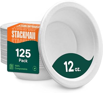 100% Compostable Disposable Paper Bowls [125-Pack] - {PFAS-Free} - {BPI Certified} - [12 oz] Heavy Duty, Eco-Friendly, Biodegradable Bagasse Hot Soup Bowls - Thick White 12oz Bowl Plates by Stack Man