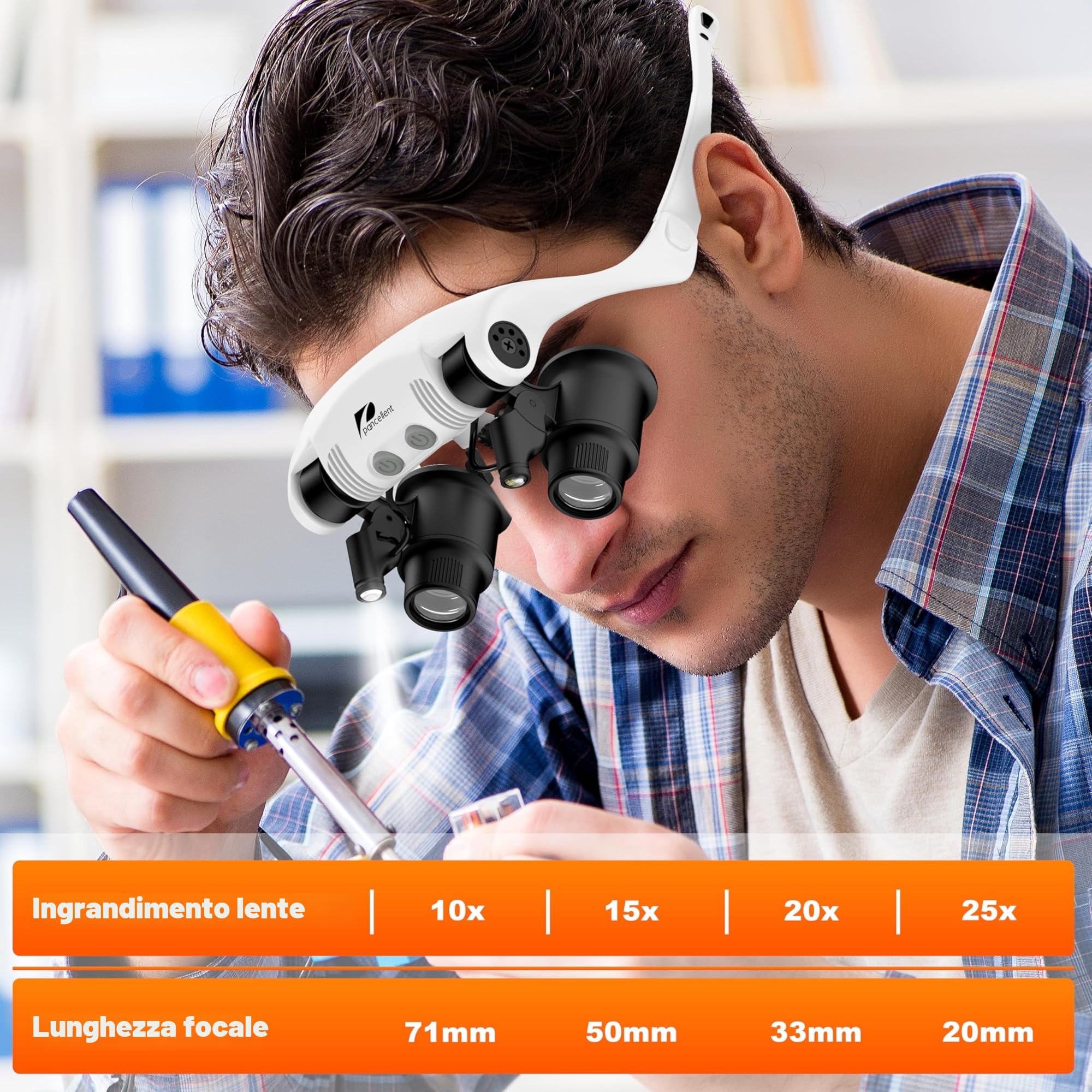 Pancellent lente d'ingrandimento per riparazione orologi, montaggio su testa, 4 lenti staccabili, 2 luci LED, occhiali a mani libere per lettura