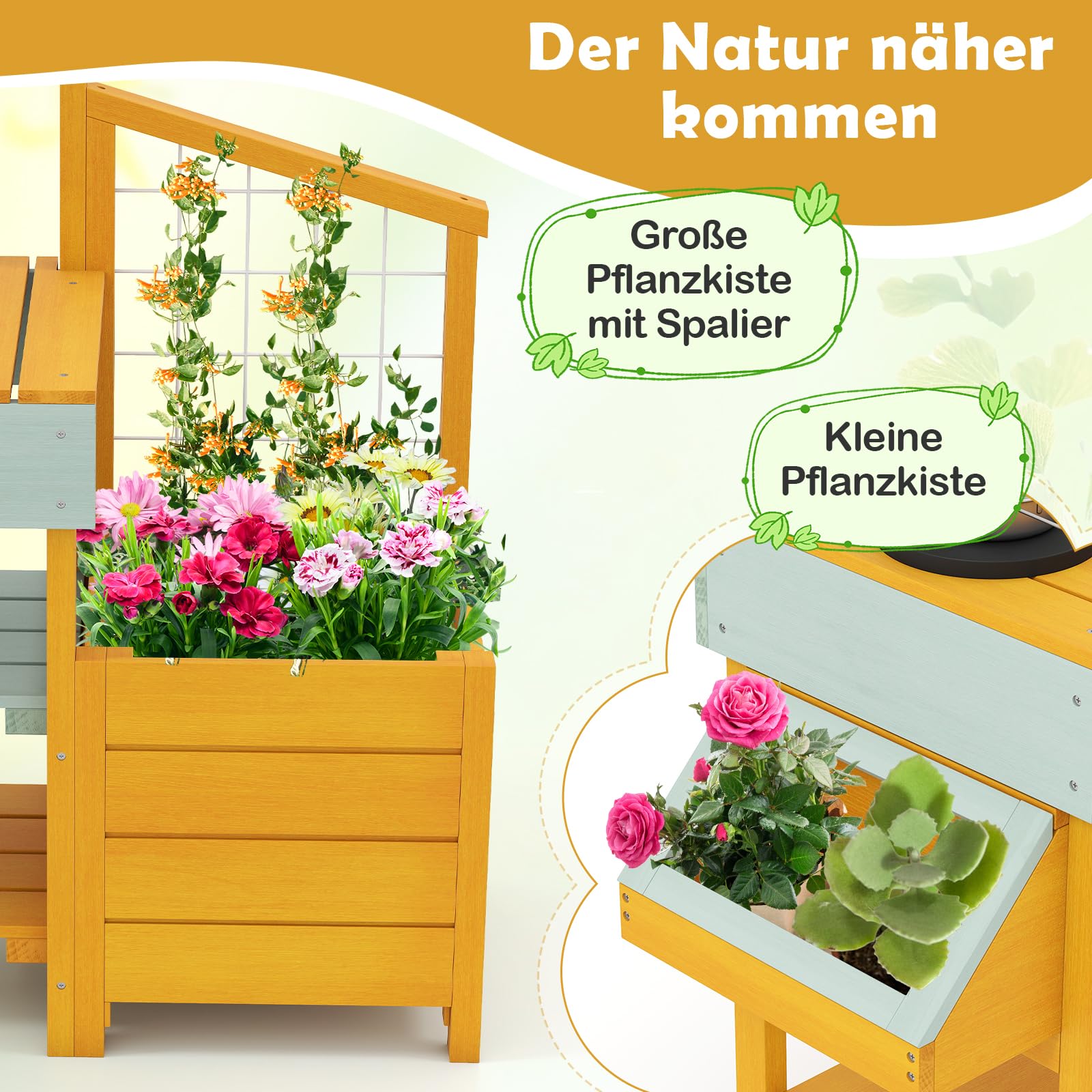 DREAMADE Matschküche Kinder Outdoor, Kinderküche Tannenholz mit Pflanzkasten & Rankgitter, Spielküche mit Wassertank, Herd, Spülbecken, Outdoor Küche mit Zubehör für Kinder ab 3 Jahren (Gelb)