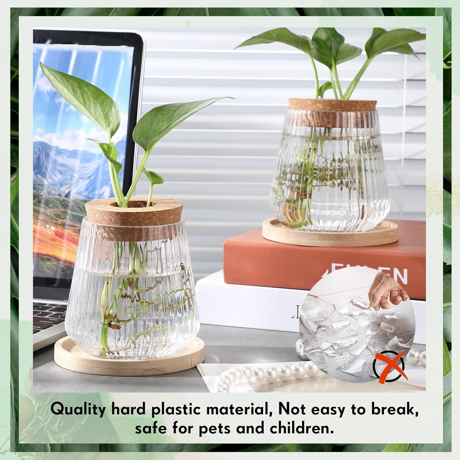 Baderke 12 Packs Propagation Vases for Plants Plastic Plant Propagation with Hole Lid and Bamboo Stand Growing in Water Hydroponic Home Office Desktop Vase Decoration