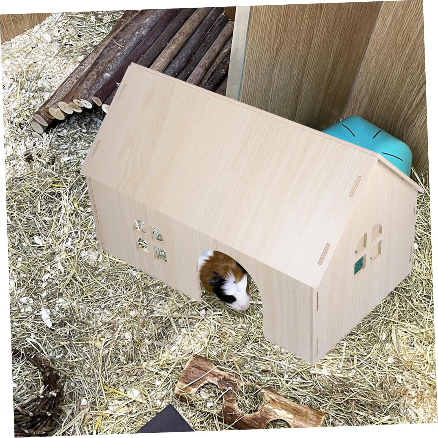 Happyyami Guinea Pig Hideout House Wooden Pet Hut for Squirrels and Small Animals Safe and Comfortable for Playing Resting and Eating