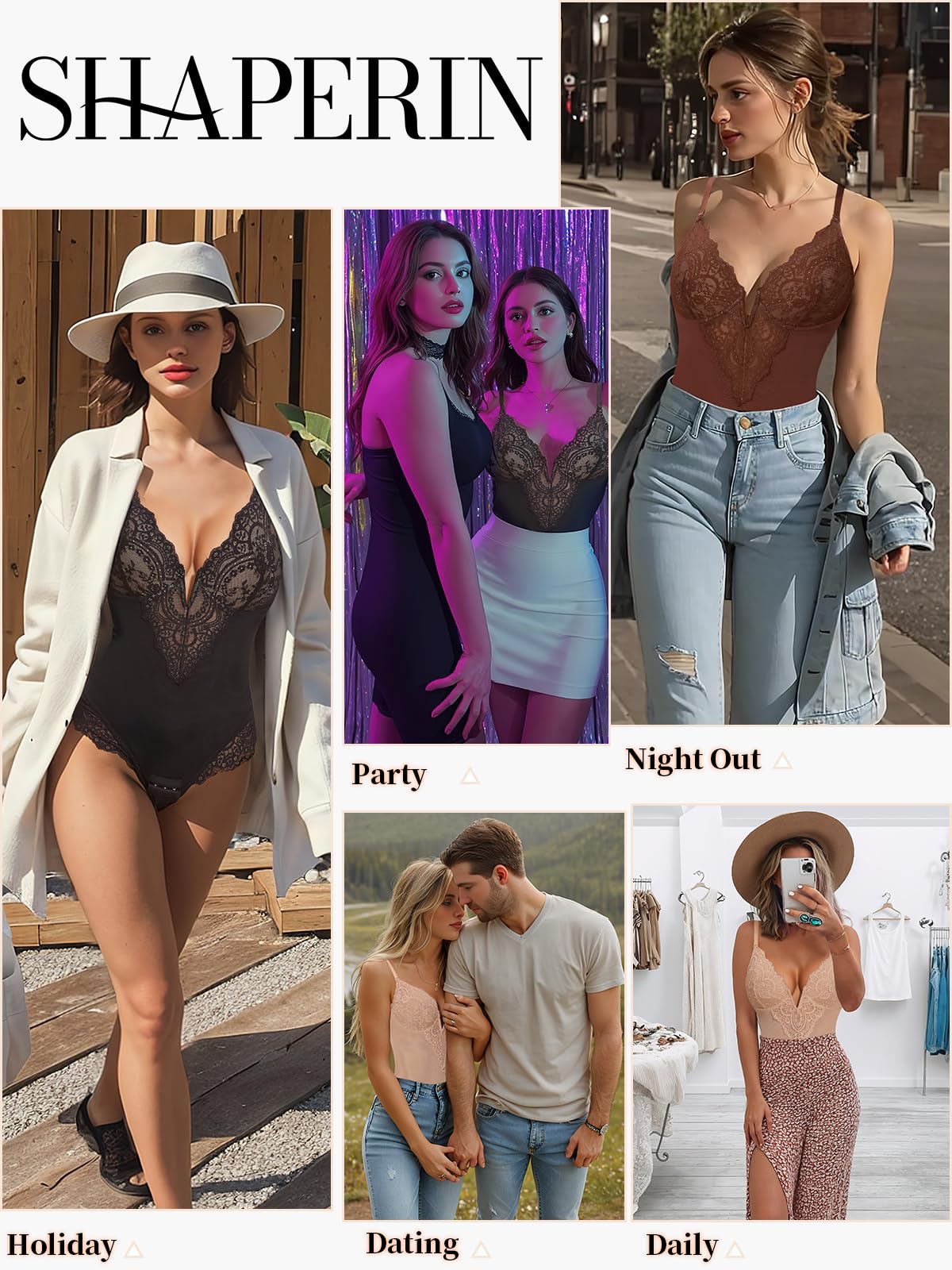 SHAPERIN Body Sculptant Femme Gainant Amincissante Ventre Plat Body String Dentelle Shapewear Bodysuit Tops