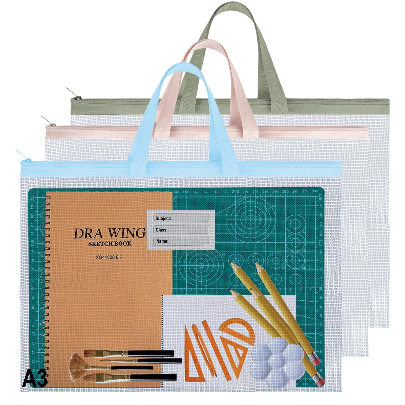 A3 Mesh Art Portfolio Bag 3PCS Folder Zipper Handle with Card Holder