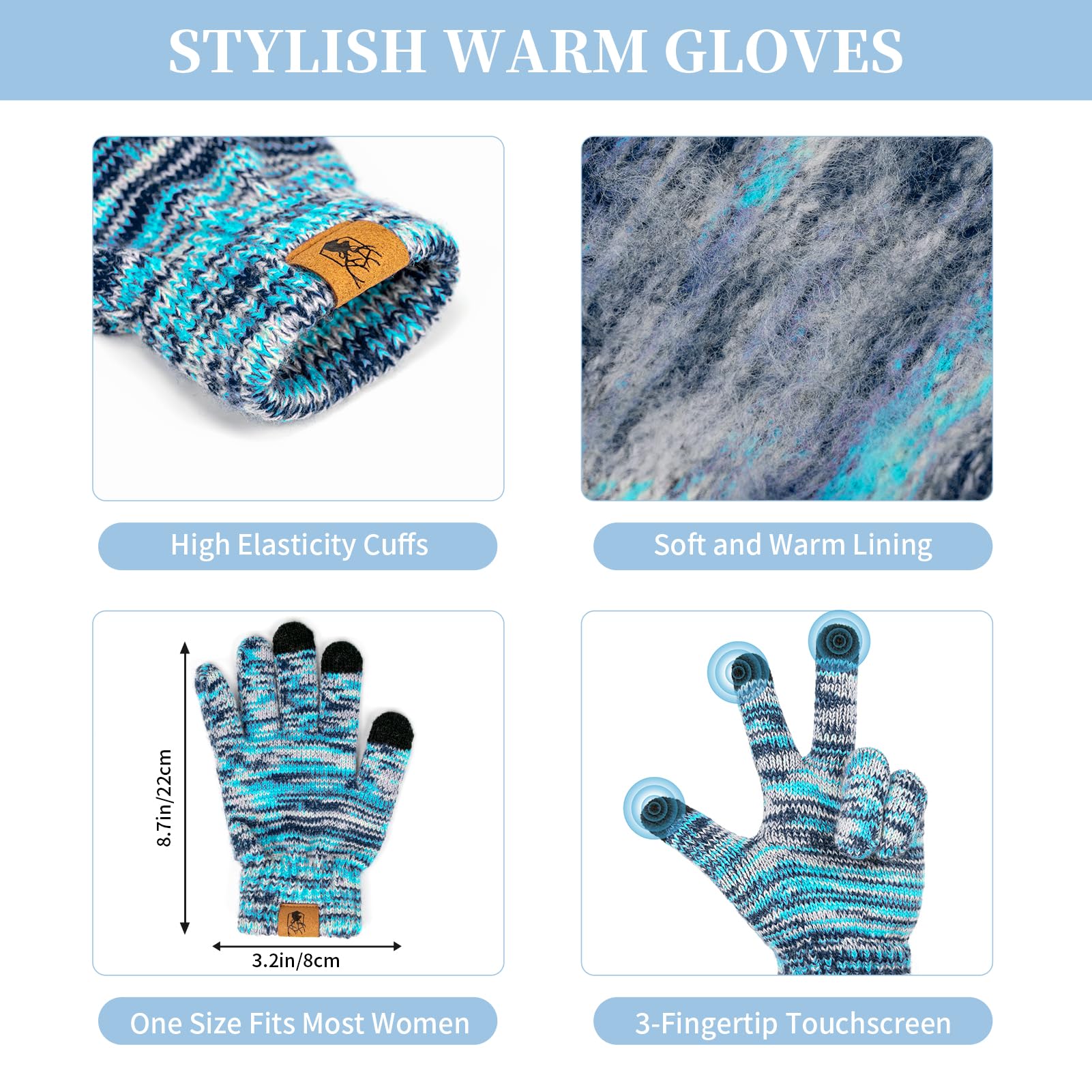 Guantes de la bufanda del sombrero de las mujeres Beanie Calentador de cuello largo Bufanda y guantes de pantalla táctil térmica Set 3 PCS Invierno Pom Cap Set Unisex Melange de punto Lago Azul